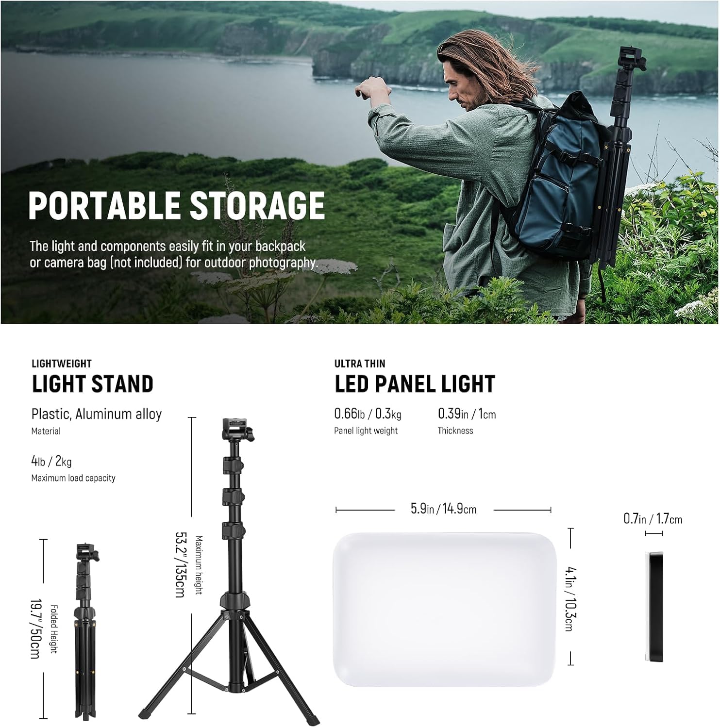NEEWER Basic Kit di Illuminazione a Pannello Luce Foto LED, 2pz Luci da Studio Portatili Dimmerabili Bicolore con Stativi e Filtri, 3200K~5600K CRI95 750lux per Fotografia Video Streaming Live, BP66