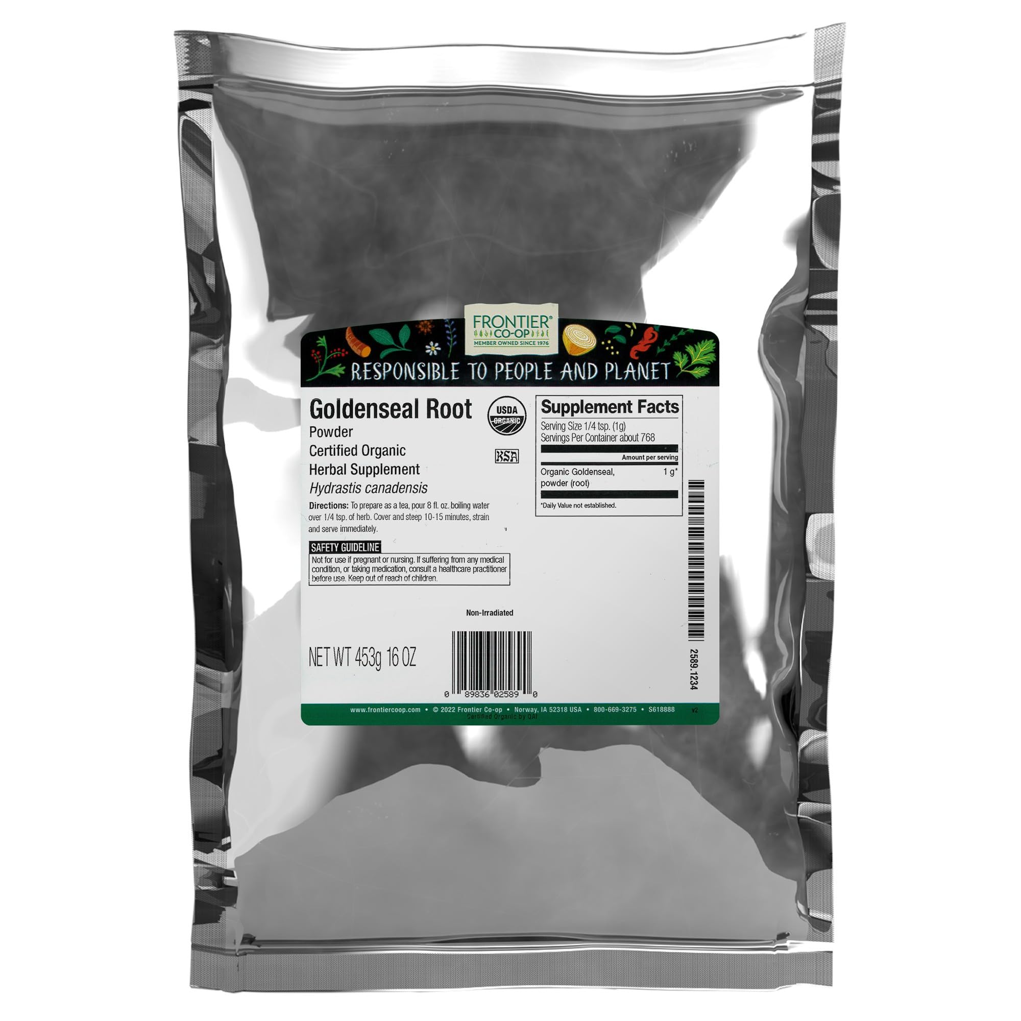 Frontier Co-op Organic Goldenseal Root Powder, 1/4 lb - Earthy, Bitter Herbal Root with Bright Yellow Color for Tea and Tincture Recipes - 4 oz