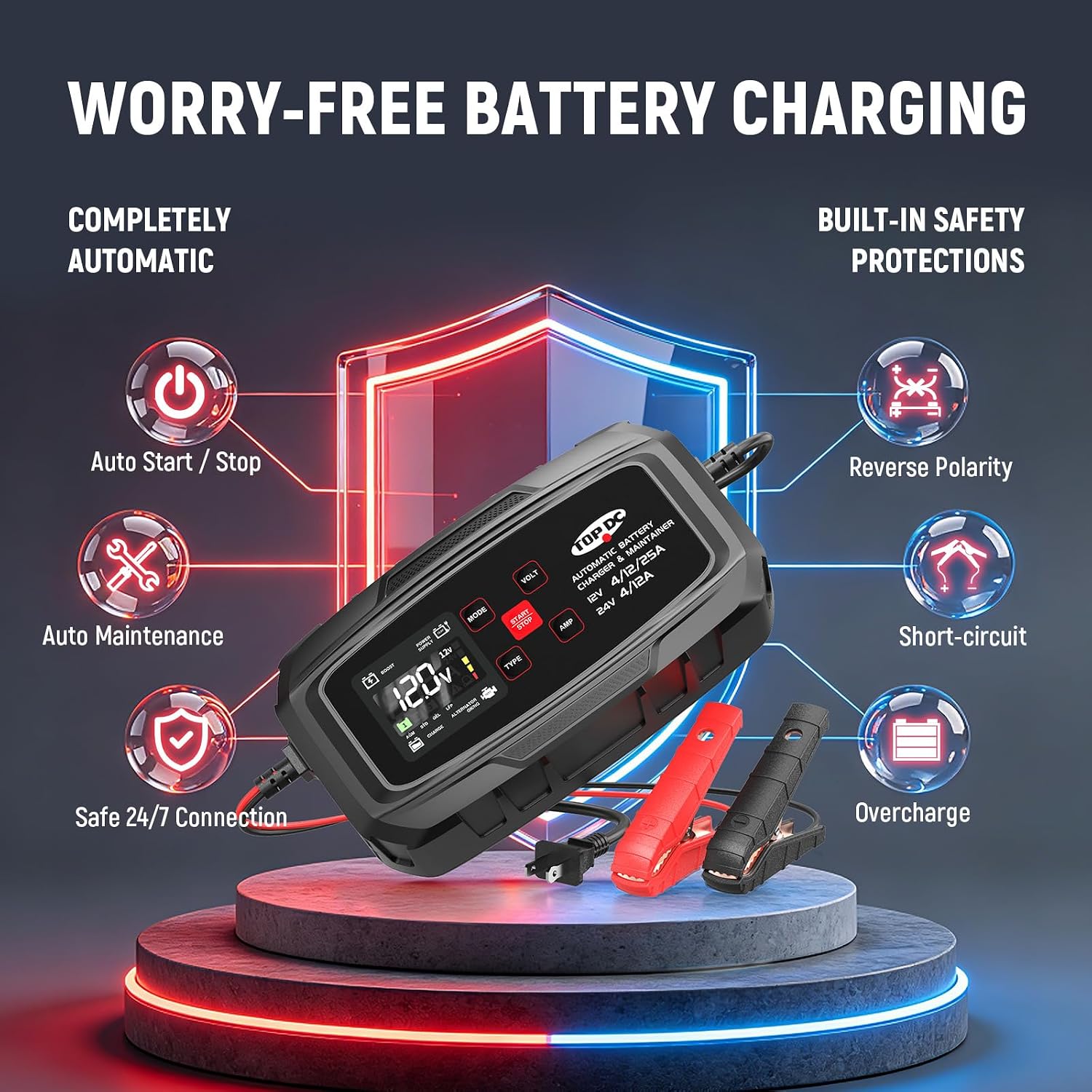 TOPDC Automatic Battery Charger & Maintainer – Smart Trickle Charger for Car, Motorcycle, Boat, Lawn Tractor, RV, ATV – Lead-Acid (AGM/STD/Gel) & LiFePO4 (LFP) (25A)