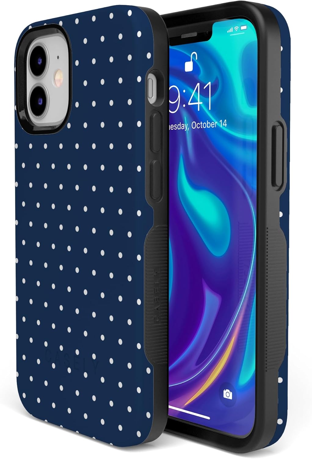 Casely iPhone 12/12 Pro Case | On the Dot | Navy Polka Dot | Bold Protective Design | Compatible with MagSafe