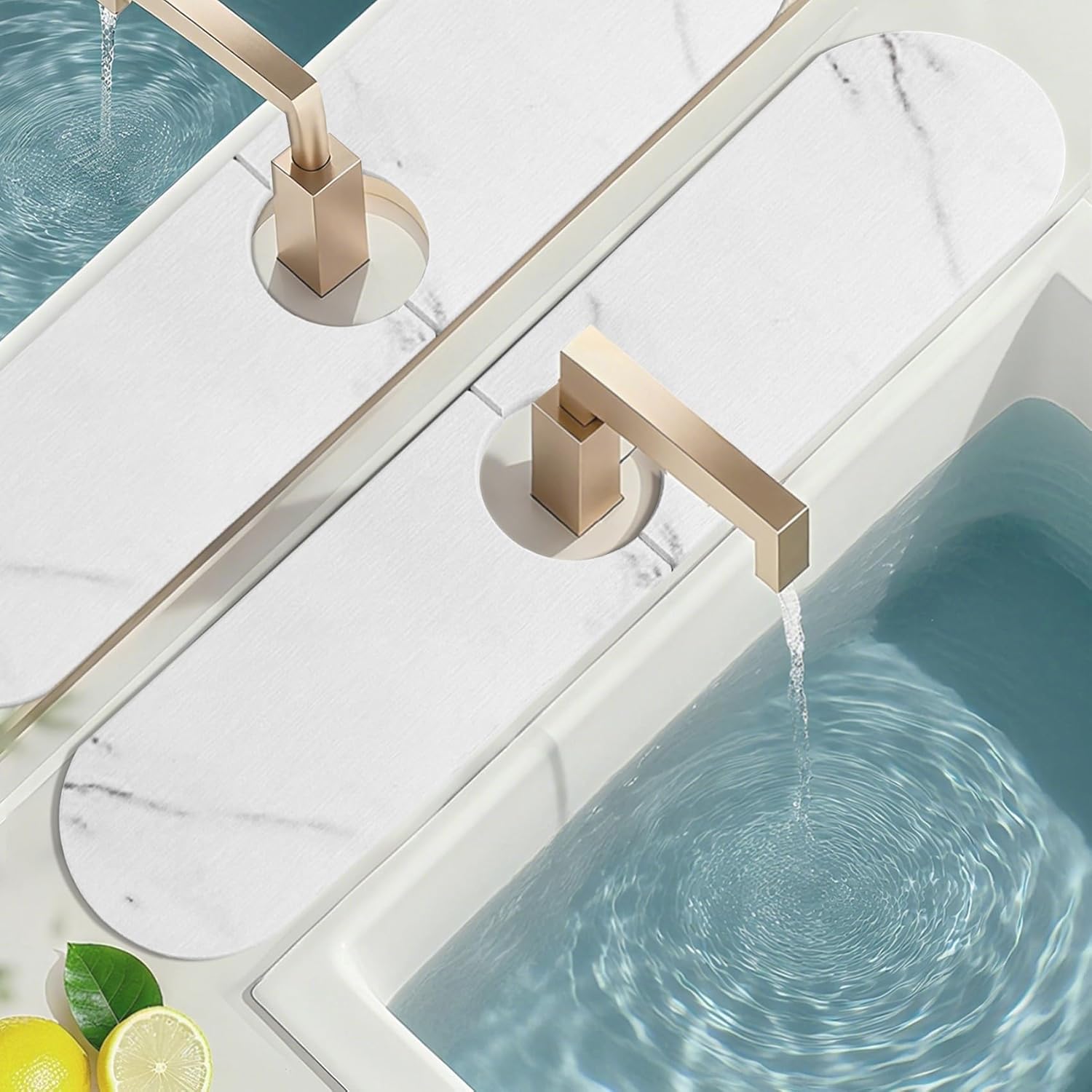 Stone Faucet Mat for Kitchen Bathroom Sink, Diatomite Drying Sink Protector with Soap Water Absorbing Tray, White Non-Slip Kitchen Sink Accessories, Rectangle, 23.6"x4"