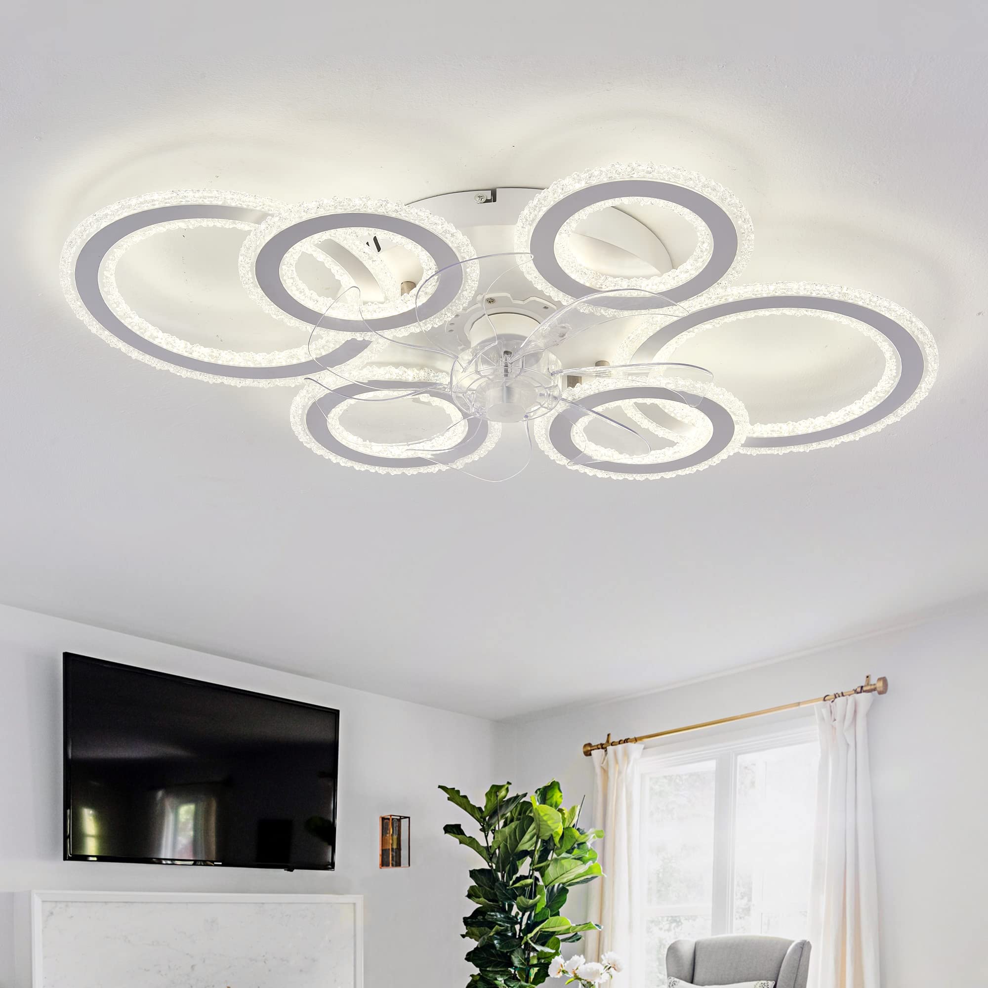 YUNZI Ventilatore Da Soffitto Con Luce E Telecomando, 76CM Lampadari Ventola, Con Luce LED Dimmerabile Per Soggiorno, 6 Velocità, 6 Luci, Reversibile DC Plafoniera Con Ventilatore-White