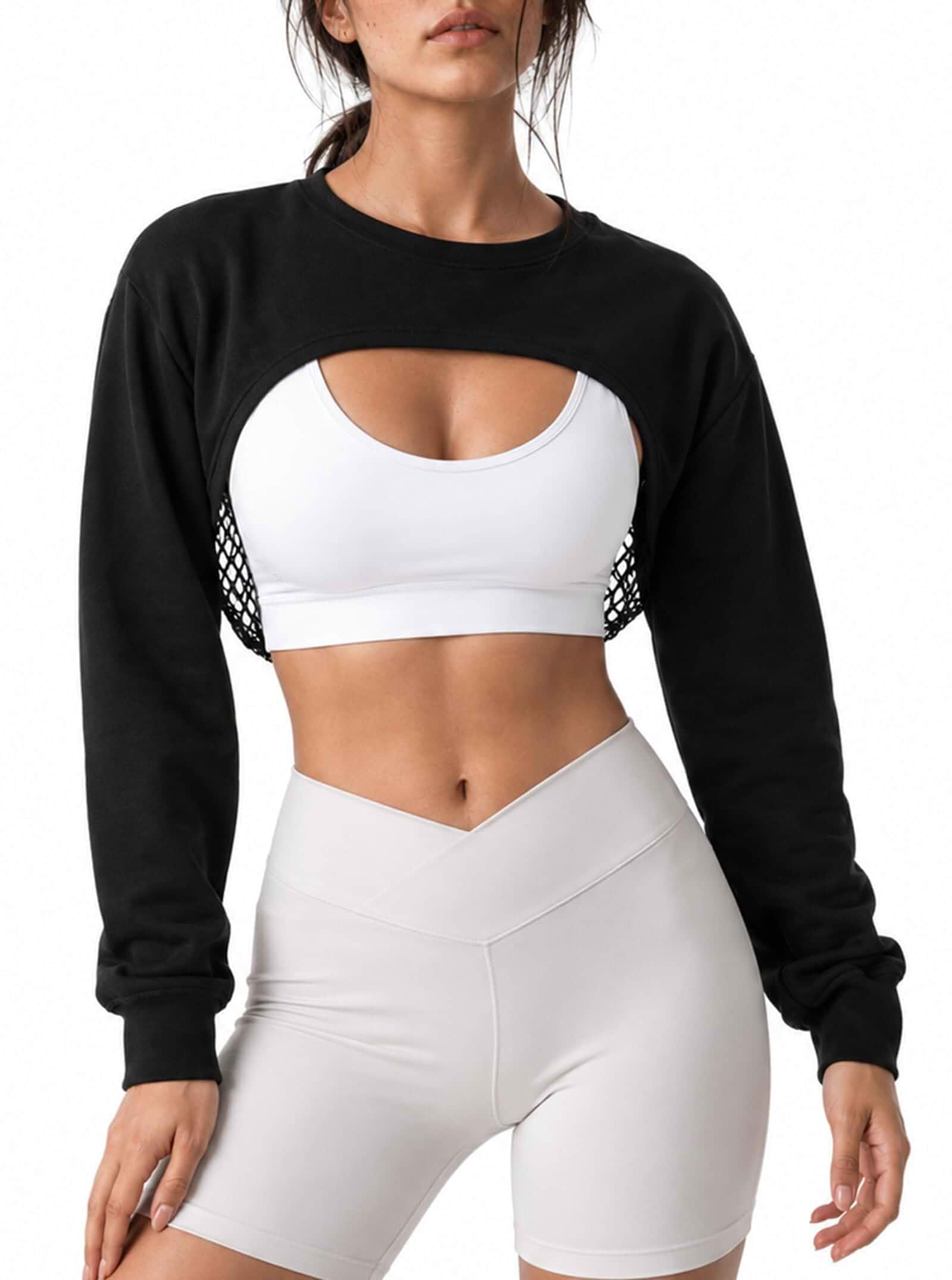 Remidoo Womens Fishnet Cropped Shrug Sweatshirt Mesh Long Sleeve Crop Top Bolero Shrug, Crop Sweater, Hollow Out, Sheer, Net, Crewneck, Rave Outfit, Sexy, Dance, Punk Rock, Y2k, Fall, Going Out Tops
