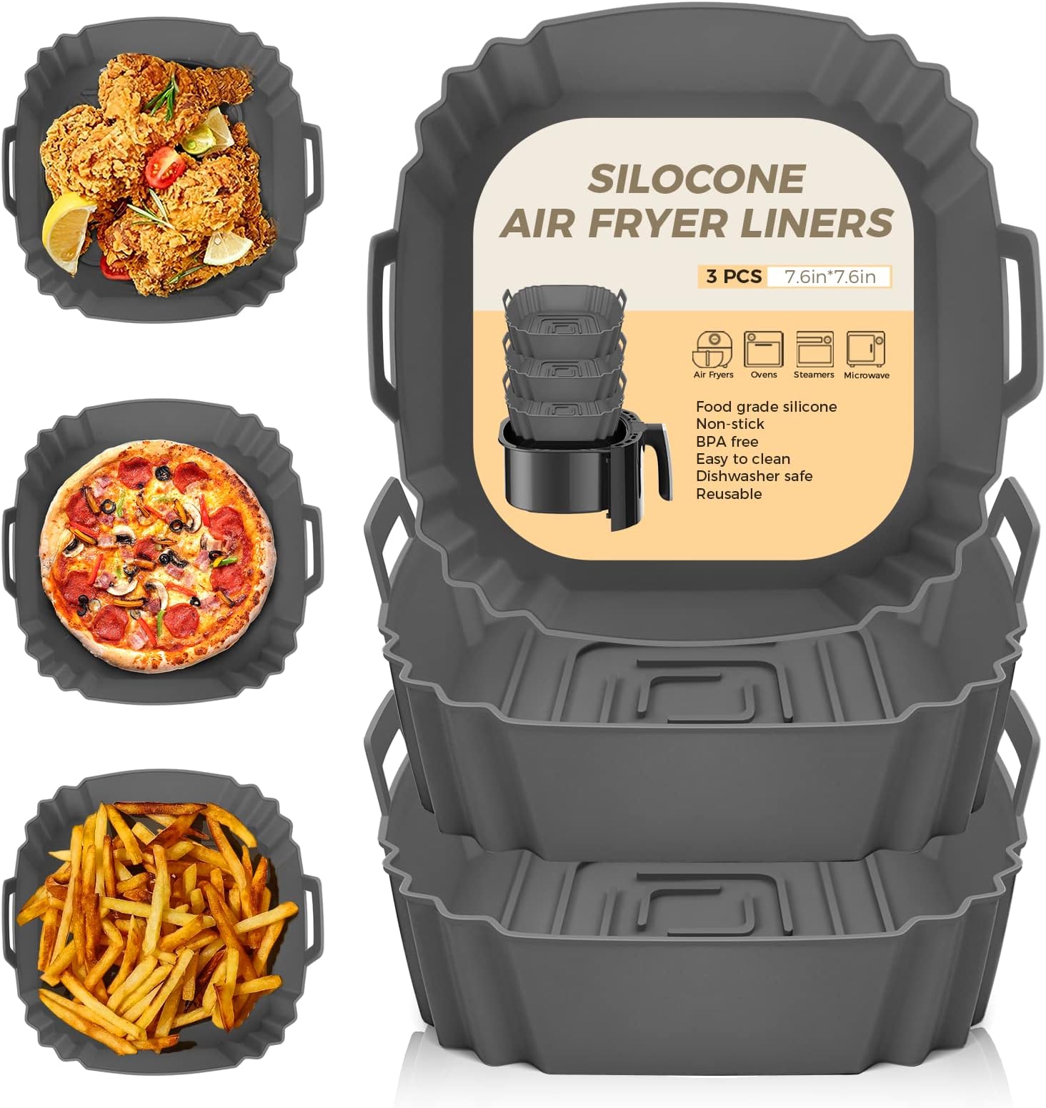 3Pcs Silicone Air Fryer Liners 3-7L, Reusable Air Fryer Accessories Food Grade Silicone Greaseproof Airfryer Baking Tray Basket Rack Kitchen Gadgets Essentials Compatible with Ninja, Tower, COSORI