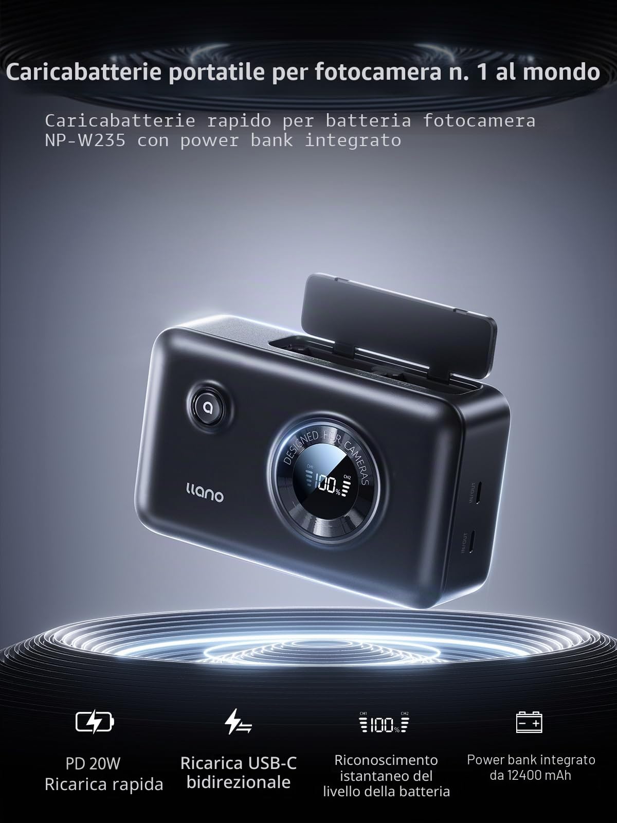llano NP-W235 caricabatterie rapido doppia batteria per Fujifilm XT5, XT4, VG-XT4, XS20, GFX50S II, GFX100S, XH2, XH2S