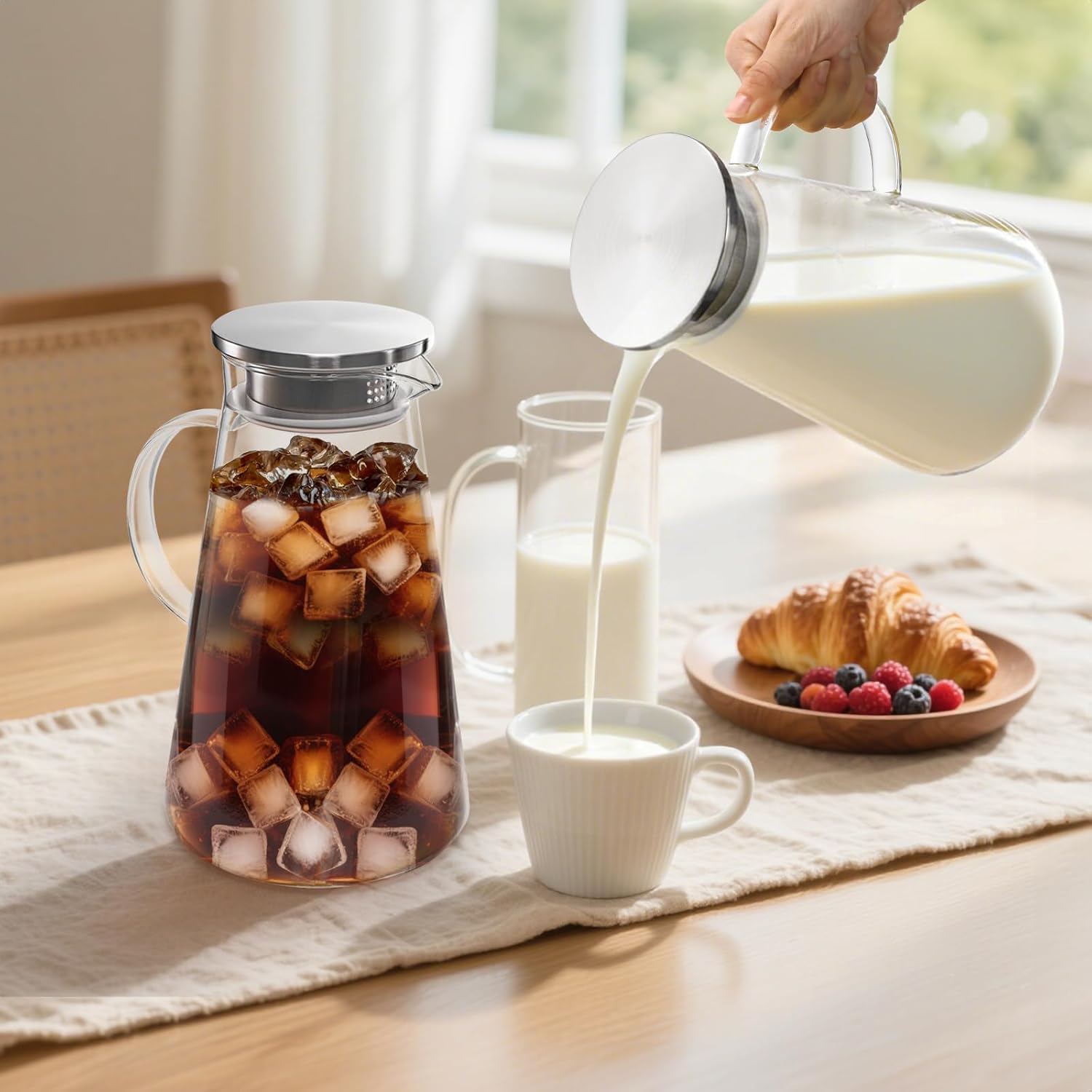 Nicunom 2 Pack 68 oz Glass Pitcher with Lid, BPA-Free Glass Water Jug Carafe Heat Resistant Ice Tea Pitcher for Juice, Sangria, Lemonade, Milk, Coffee, Cold and Hot Beverages - Image 5