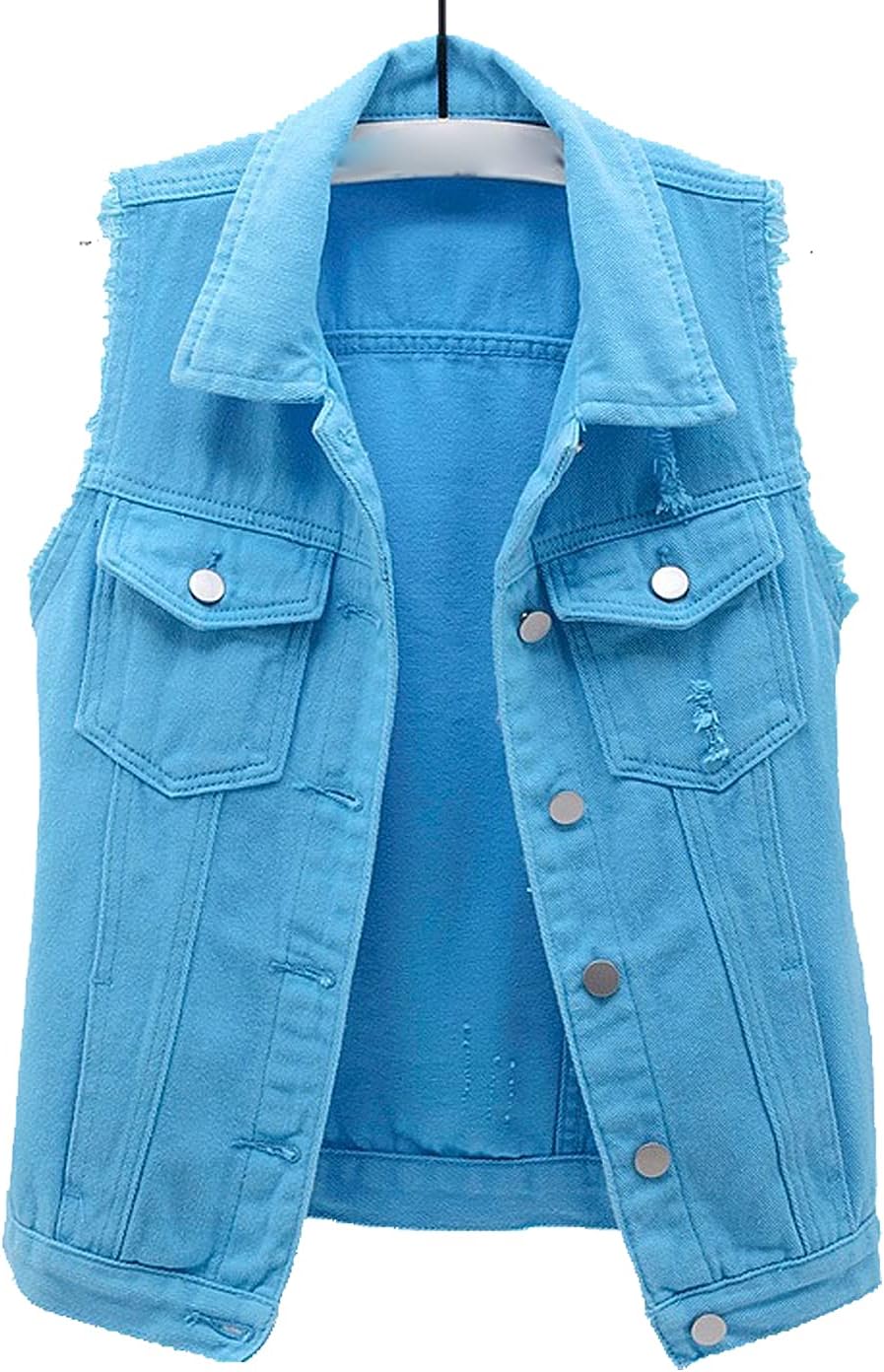 COWOKA Women's Casual Denim Waistcoat Slim Fit Frayed Sleeveless Jacket Ripped Tops with Pockets