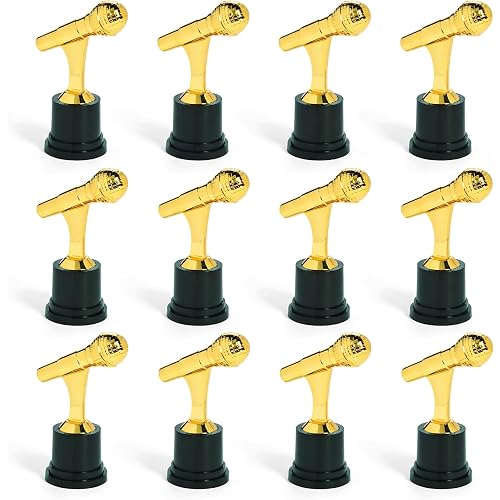 Fun Express 3" x 5" Goldtone Microphone Plastic Award Trophies - 12 Pc. - Great for School Talent Shows, Music Teachers, Karaoke Night and Music Contests For Kids