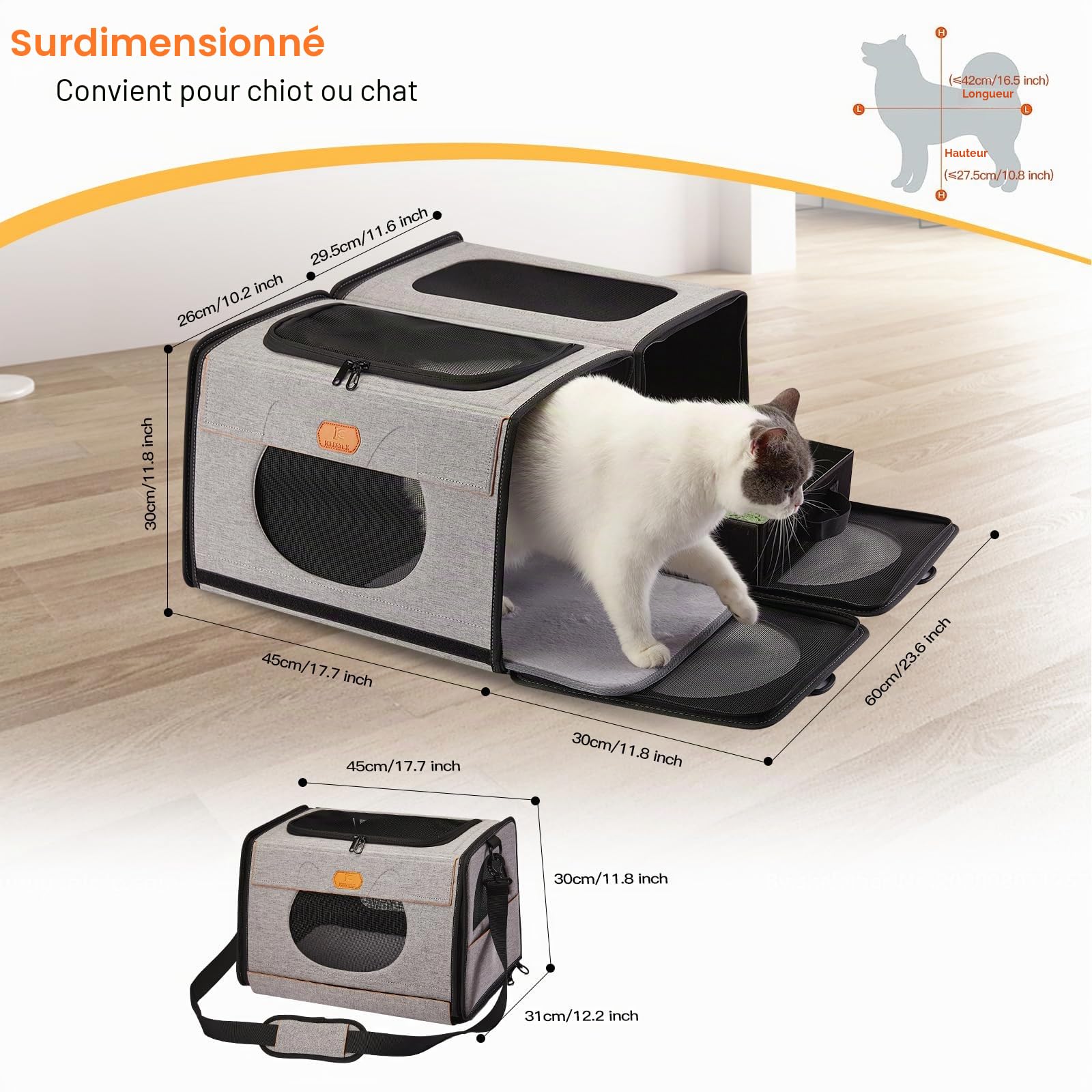 Grand sac de transport pour chat, litière de voyage pour chats, caisse pliable pour chien, une pour litière et cage souple pour chat 2 en 1, double sac de transport pour animaux de compagnie