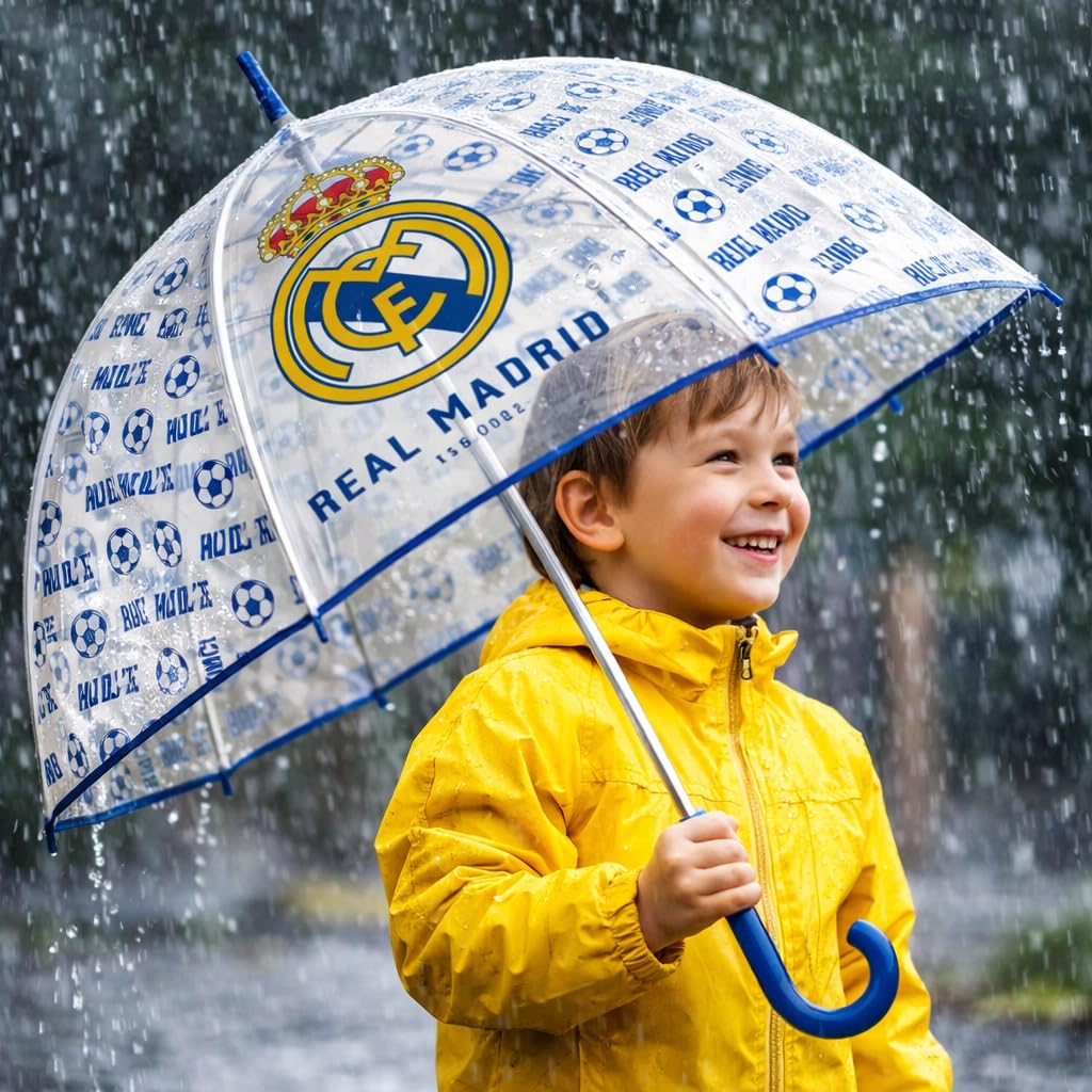 ARDITEX Paragüas Real Madrid para Niños, Eva Transparente, 8 Paneles, Diámetro 67 cm, Apertura Manual