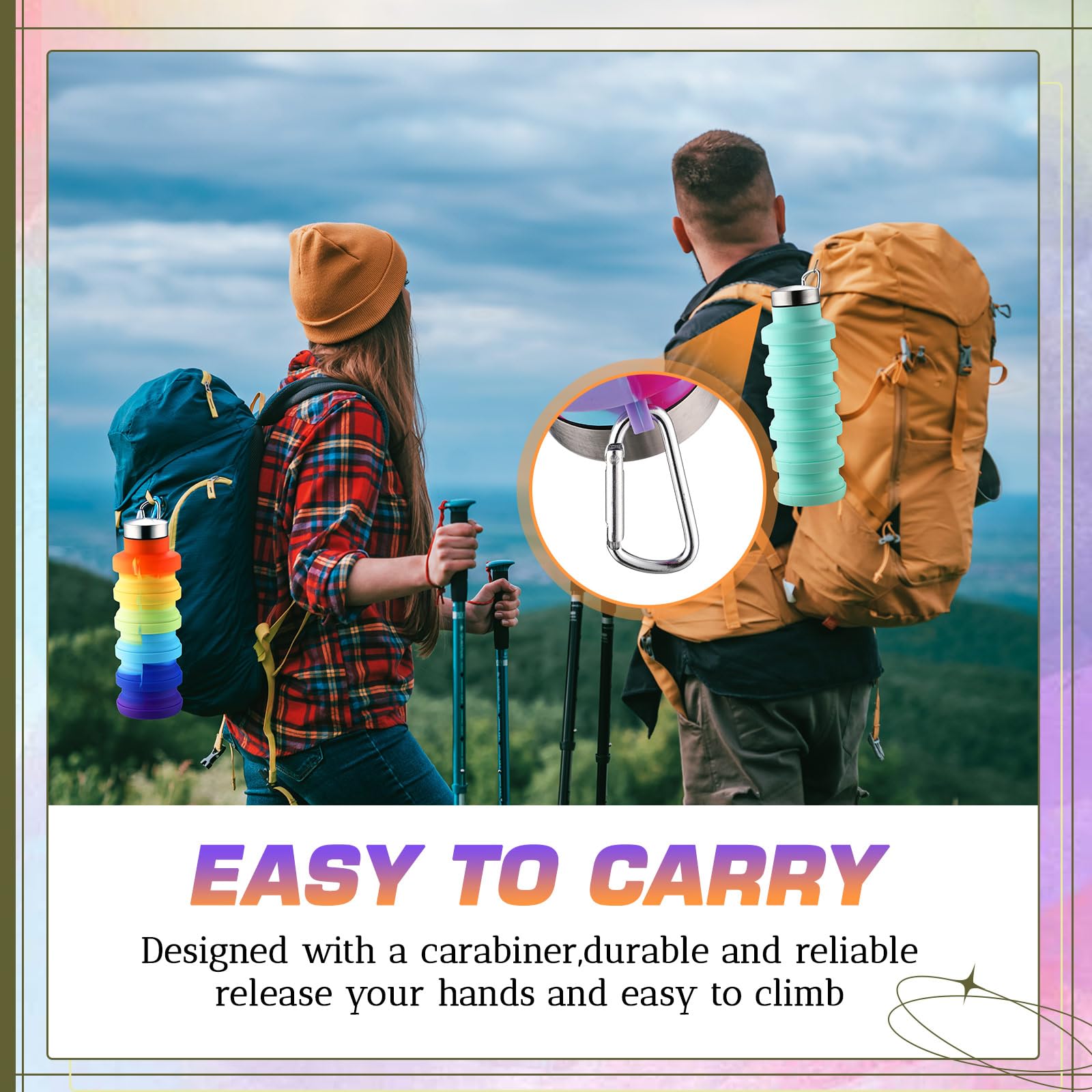 Sunnyray Faltbare Wasserflaschen, Silikon, tragbar, auslaufsicher, wiederverwendbar, Sportflaschen mit Clip, für Reisen, Wandern, Camping, Outdoor, Batikfärbung, 20 Stück