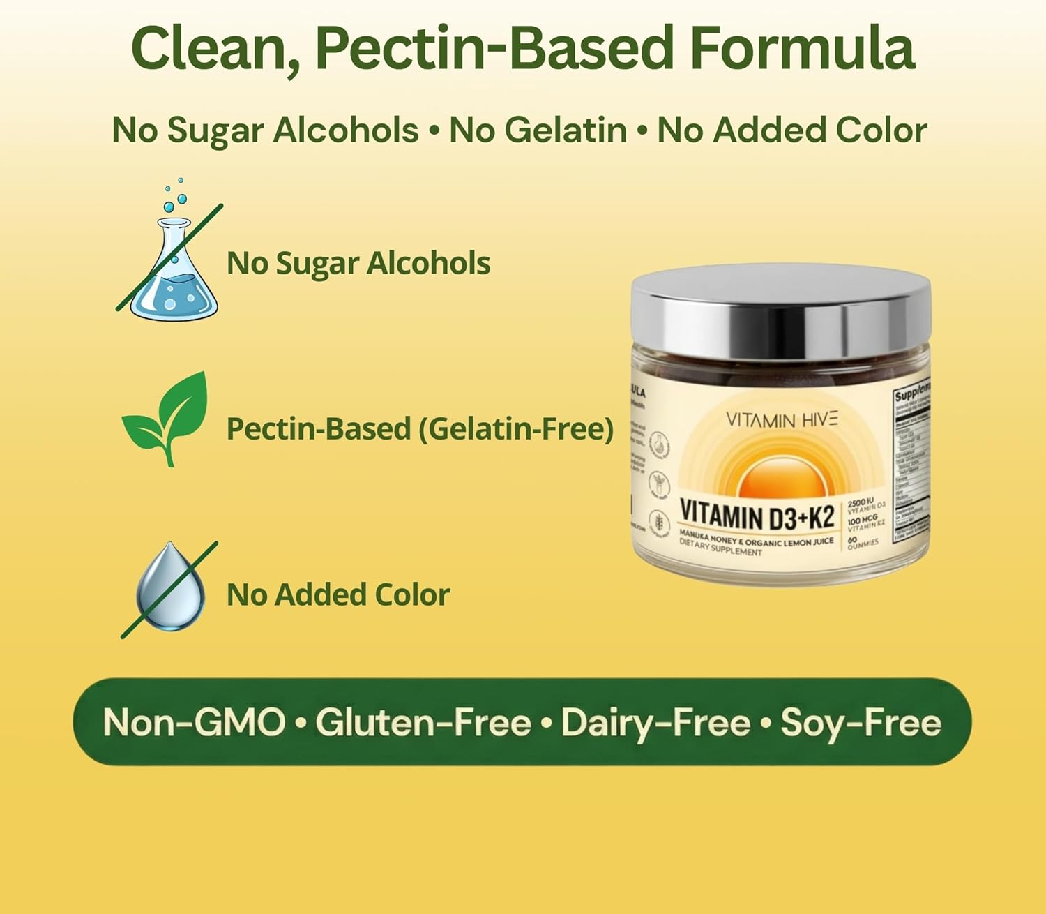 Vitamin 2500 IU D3 + 100mcg K2 MK-7 - Manuka Honey & Organic Lemon - Vegan Pectin - No Sugar Alcohols - with Avocado Oil for Absorption - Bone & Immune Support - 60 Day Supply