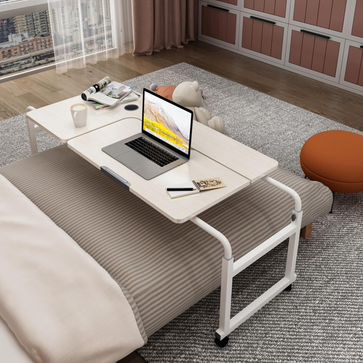 YVYKFZD Adjustable Overbed Table, Bedside Table with 360° Swivel Wheels, Over Bed Table with Tiltable Tabletop, Mobile Standing Over Bed Desk King Size (Color : Teak Color R, Size : 47.2"/120cm)