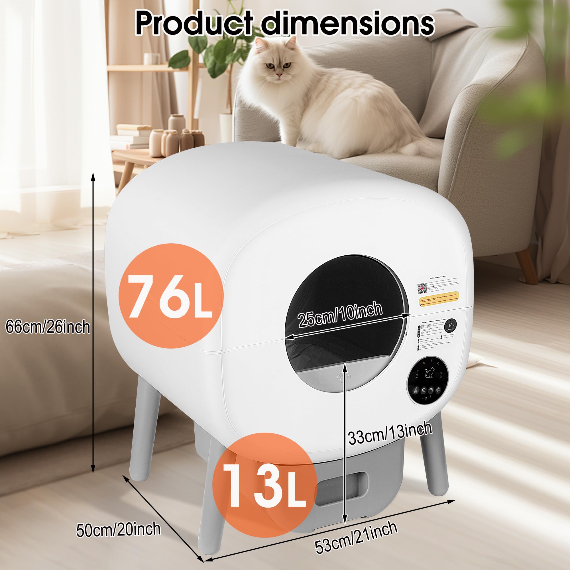 Arenero Gatos Autolimpiable, 76L+13L Arenero Inteligente para Gato con Control App, Protección de Seguridad, Sin Fugas Orina, Eliminación de Olores con 1 Rollos Bolsas Basura para Varios Gatos