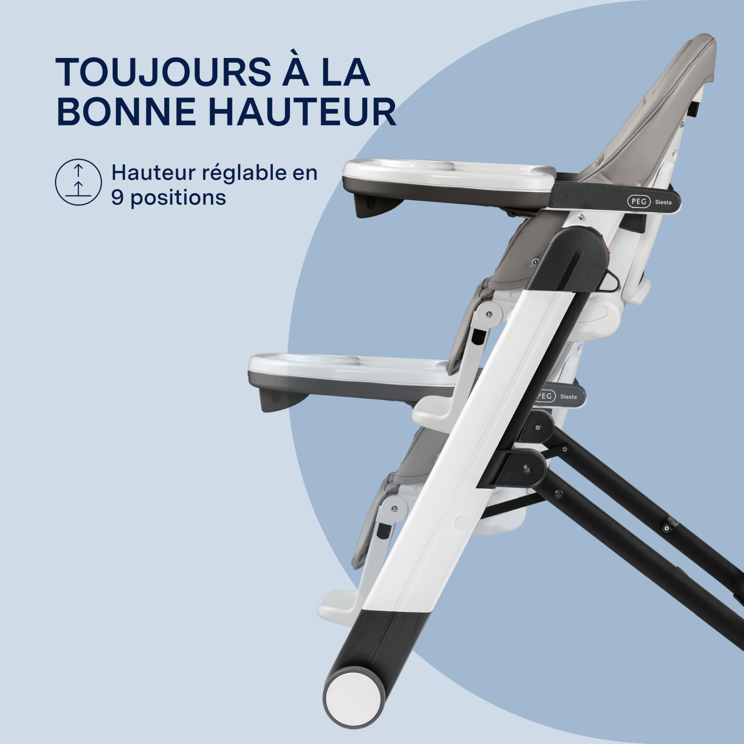 PEG Siesta Follow Me Chaise Haute dès la Naissance, Inclinable avec Fonction Transat, Double Plateau, 9 Hauteurs, 4 Roues, Pliable et Compacte, 0-3 Ans (0-15 kg), Ice