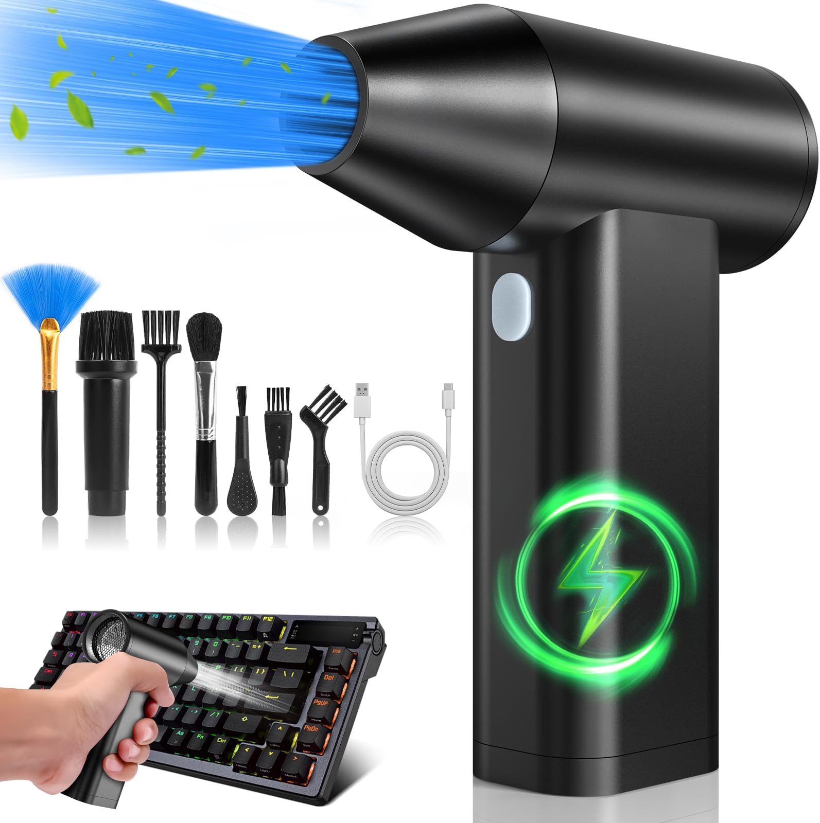 Electric Duster Turbo Fan - Mini-Blower 110000RPM Keyboard Cleaning Kit - Rechargeable Air Blower with LED Light, Replaces Compressed Air Cans