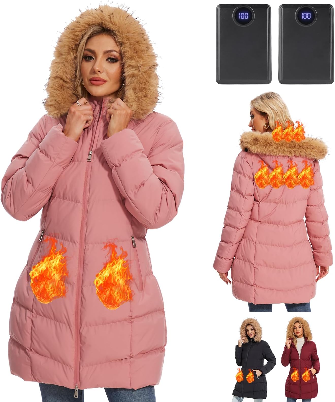 Women heated jacket with 2Pcs 12000mAh batteries heated coat with faux fur hood