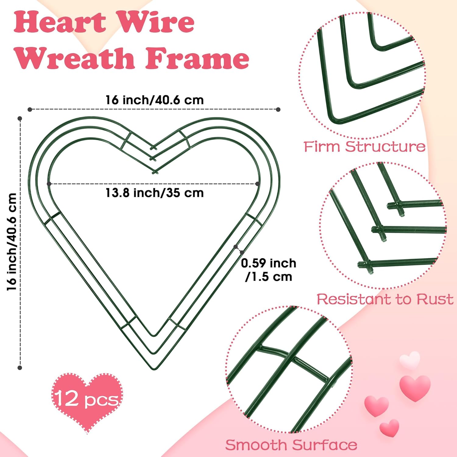 aodaer 12 pack 16 inch heart wire wreaths frame heart metal wreath garland green wire flower wreath for valentine's day, wedding party, home ceremony decoration 12 16 inch