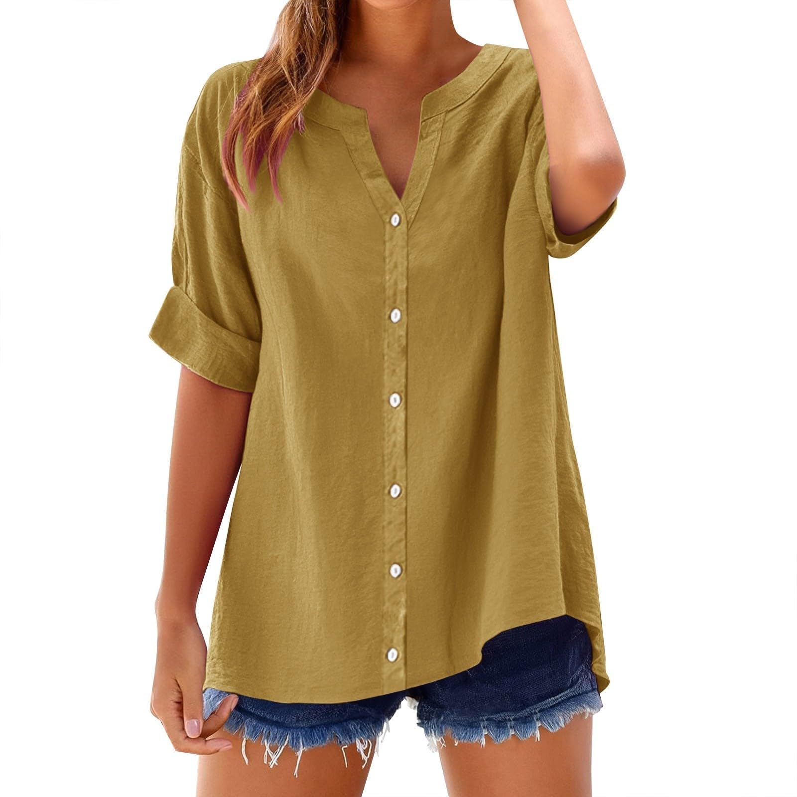 Linen Blouses for Women Short Sleeve Trendy Tops Button Down V Neck Shirt Summer Vacation Shirts 2026 Trendy Tops Tees