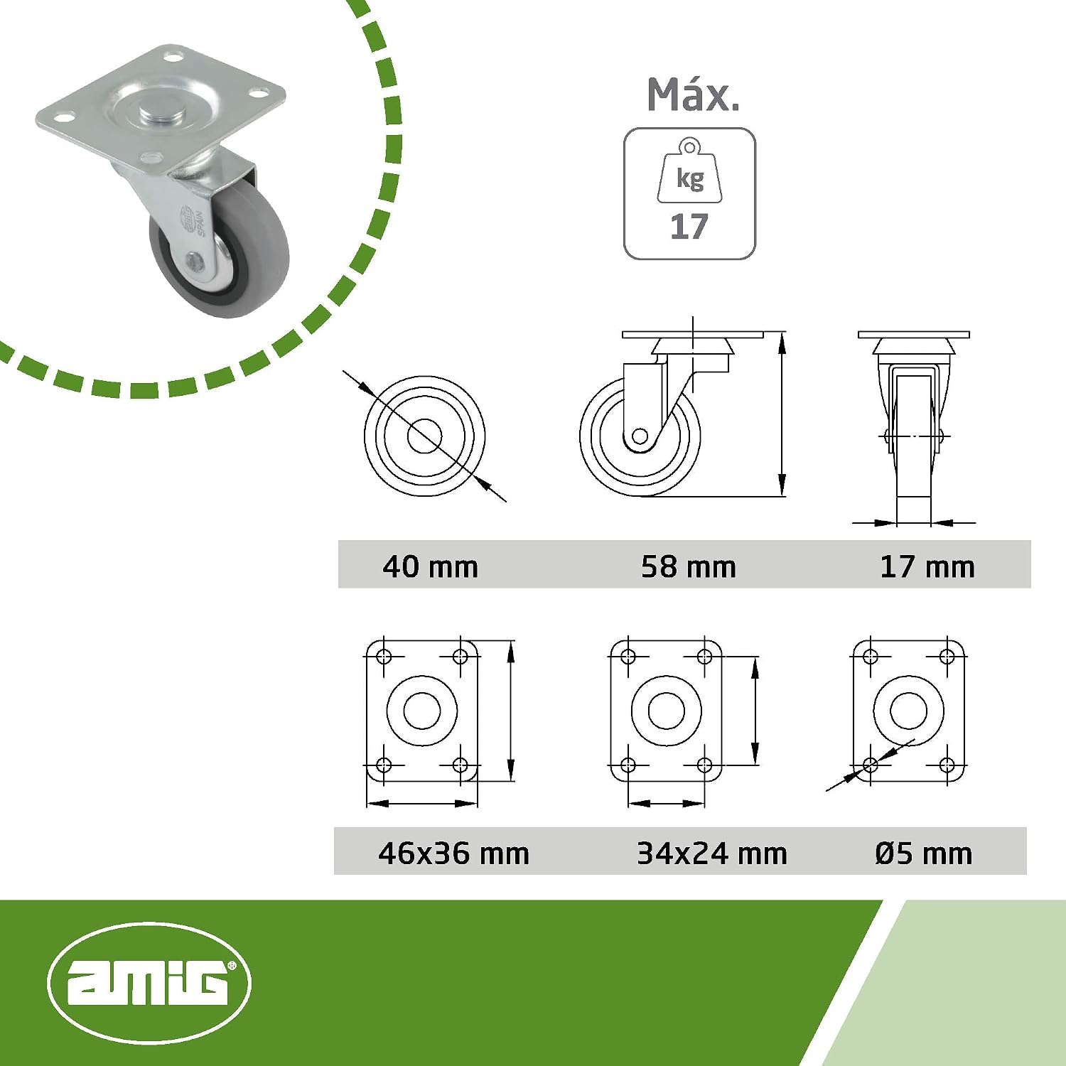 Amig - Set of 4 Furniture Castors - Diameter 40 mm - Max. Load Capacity per Castor 17 kg - Steel Plate - Made of Rubber - Without Brake - Ideal for Office Chairs and Small Furniture