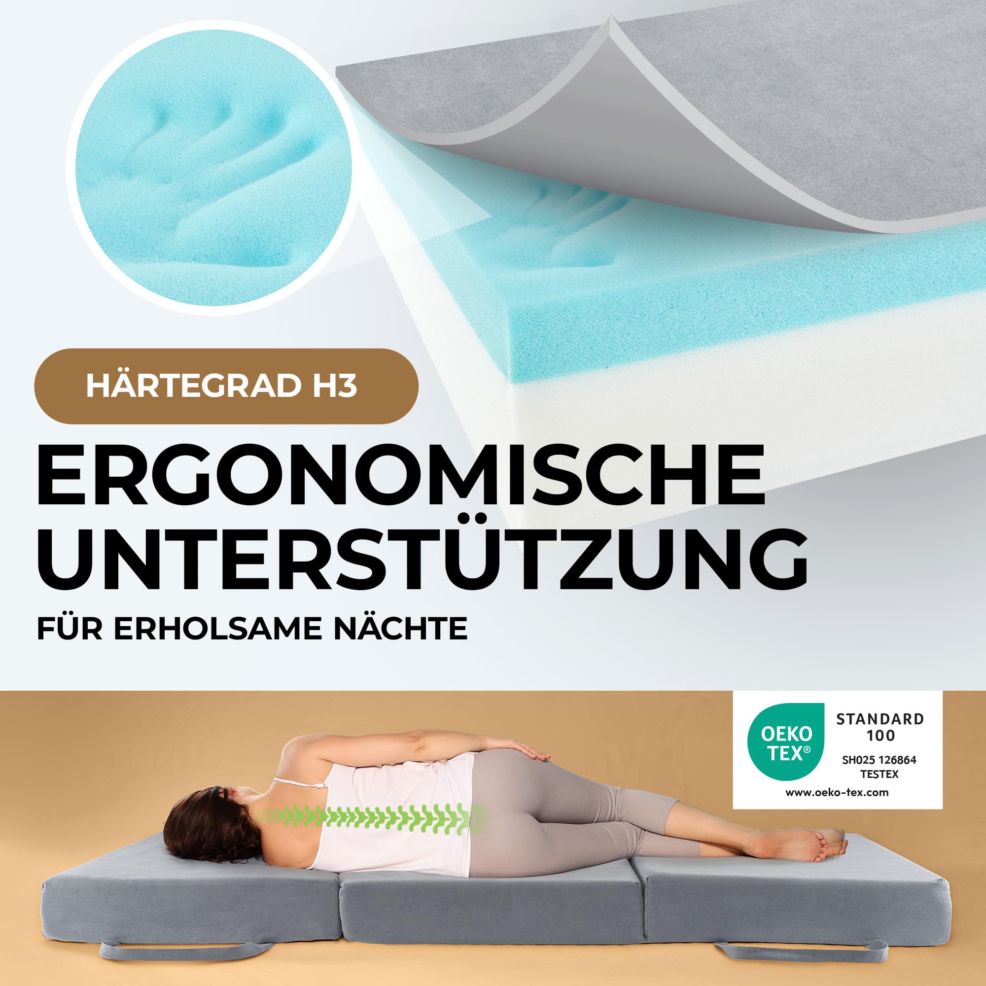Herlag Orthopädische Klappmatratze 195x75x14cm - Extra Dickes Gästebett 14 cm hoch - Faltmatratze Härtegrad H3 Deluxe-Komfort Visco-Schaum - Faltbare Gästematratze 3-teilig - Bezug waschbar - Grau