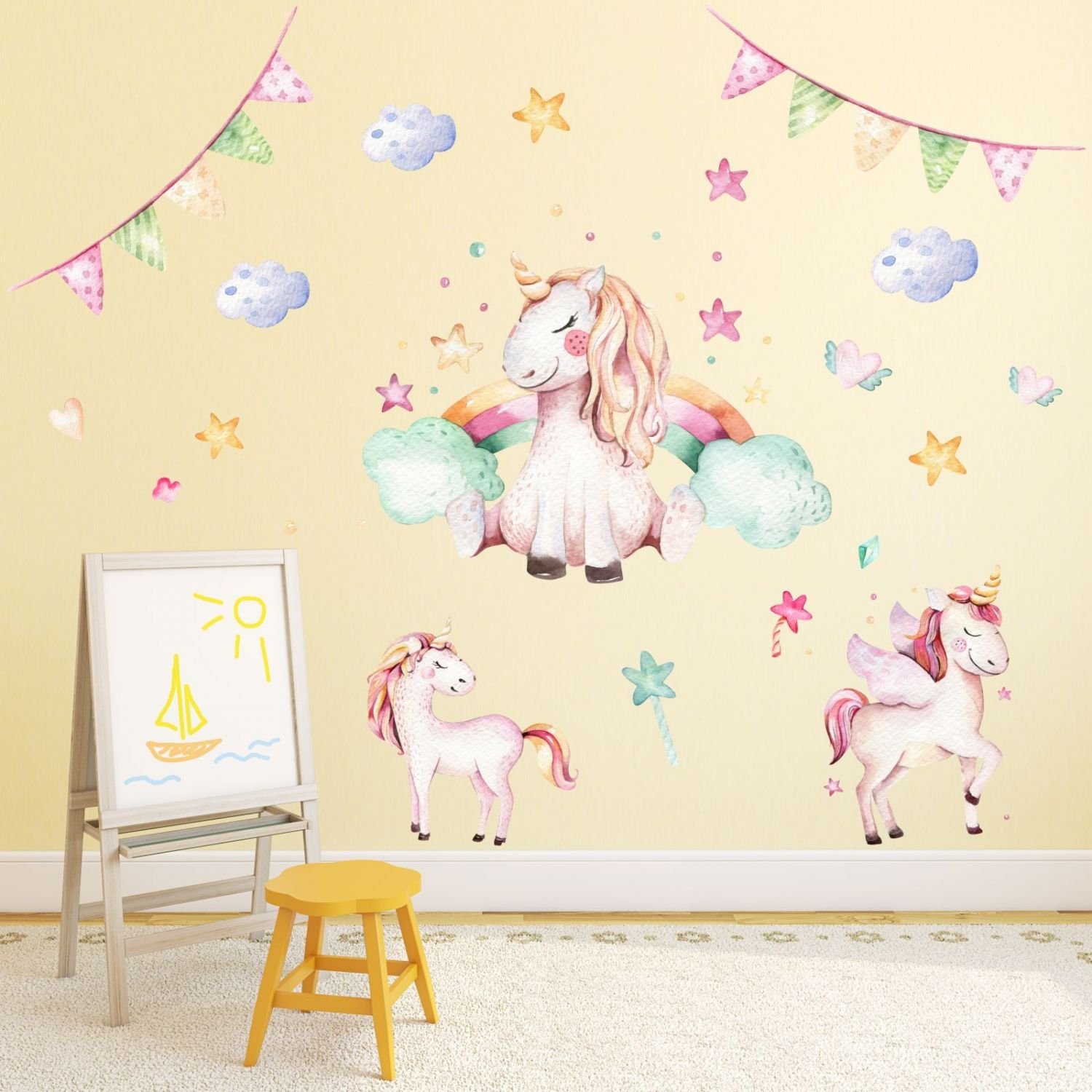 Nikima – 074 – Adesivo da Parete con Unicorno Pastello Arcobaleno per cameretta Bambini Ragazza – in 6 Misure – Simpatico Adesivo e Adesivo per cameretta Bambini