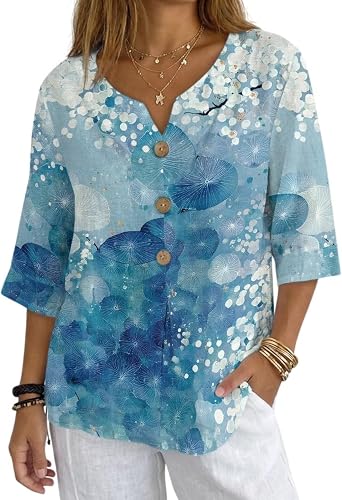 INSTANTARTS Linen Tops for Ladies 3/4 Long Sleeve Linen Tunic Shirts V Neck Summer Work Blouse Chinese Print Tops