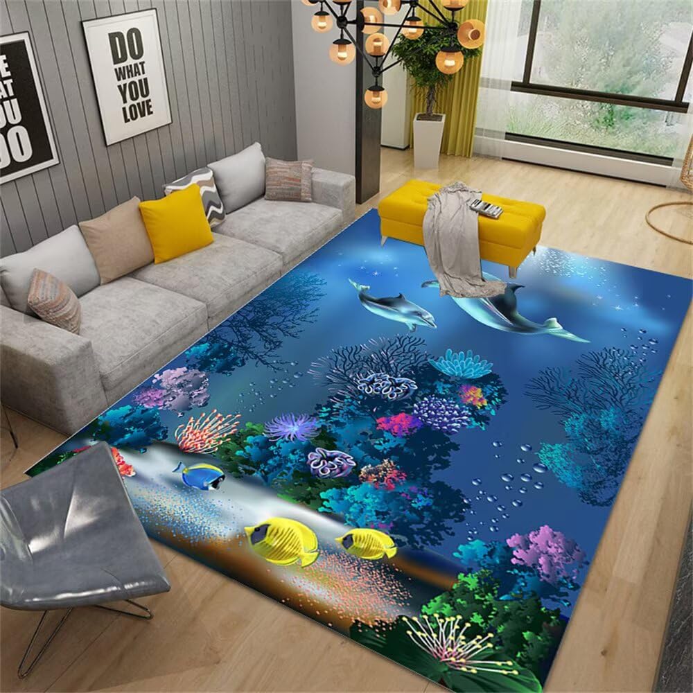 Tapis salon grande taille bleu 200x200cm lavable chambre enfant tapis de sol