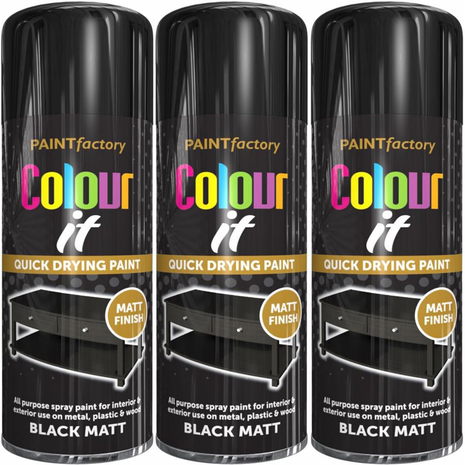 400ml All Purpose Black Matt 1733PR Spray Can Household Car Van Bike Aerosol Paint (3 Pack)