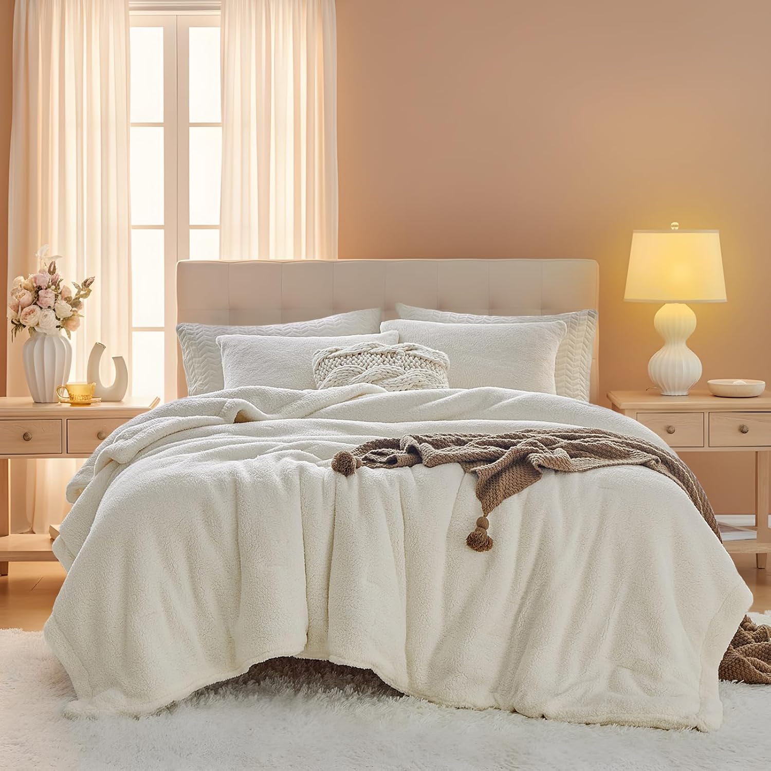 Fluffy King Comforter Set - Sherpa Comforter Set King Size Winter Use Warm Fleece Luxury 3 Pieces Bedding Comforter with 2 Pillow Shams Microfiber Plush Bed Set- Thanksgiving Choice