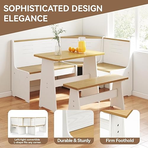 Miniatura 5 de Juego de comedor para rincón de desayuno y cocina, mesa de esquina con banco y silla, diseño en L para ahorrar espacio, 3-4 asientos para el hogar