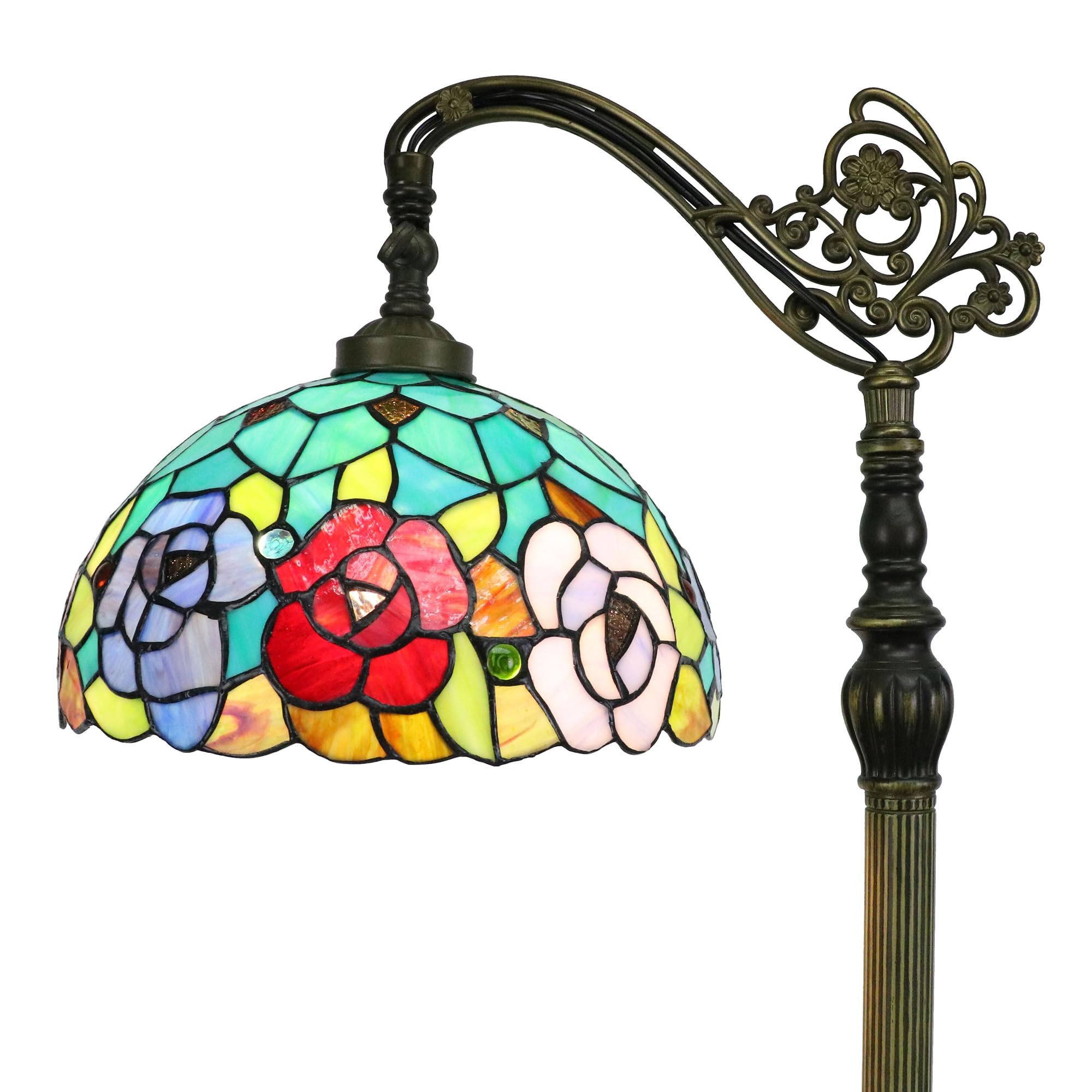 Tokira Fiori di Rosa Lampada da Terra Tiffany, 165 CM Vintage Vetro Multicolore Lampada da Pavimento, Pittura a Olio Stile Collo Cigno Angolo Luce Notturne Camera da Letto [Senza Lampadina]