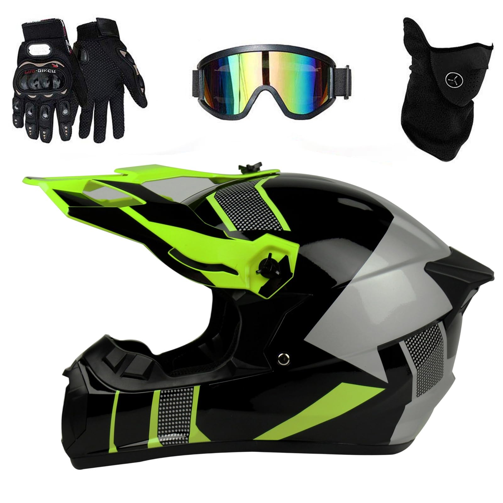 Motorradhelm Downhill Komplettset Kinder - Offroad Helm mit stylischem Heckflügel-Design, Vollvisier, Kinnschutz & Panorama-Brille + Atmungsaktivmaske für Dirt Bike/Quad/MTB(Bright yellow,XL(58~59cm))