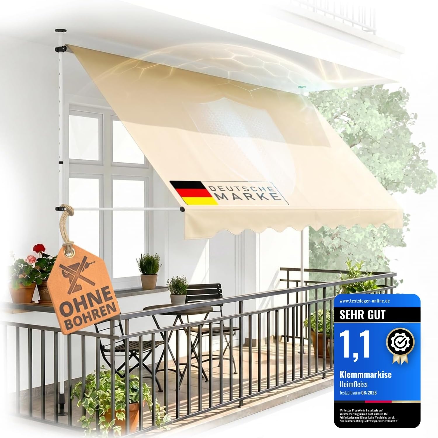 Heimfleiss® Klemmmarkise 350 cm breit mit Handkurbel | Markise Balkon ohne Bohren | Balkon Sonnenschutz, UV-beständig (UV 50+), höhenverstellbar & wasserabweisend | 3,5m Balkonmarkise zum Klemmen