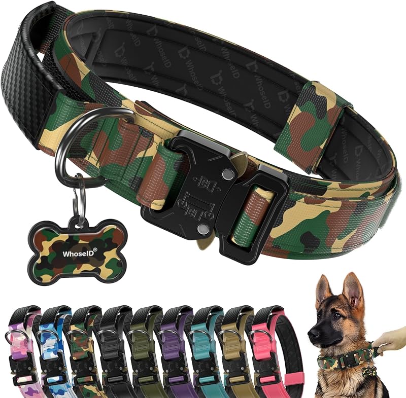 Coleira tática ajustável para cães com fivela metálica, alça de controle em couro e acolchoamento WhoseID C-TT01