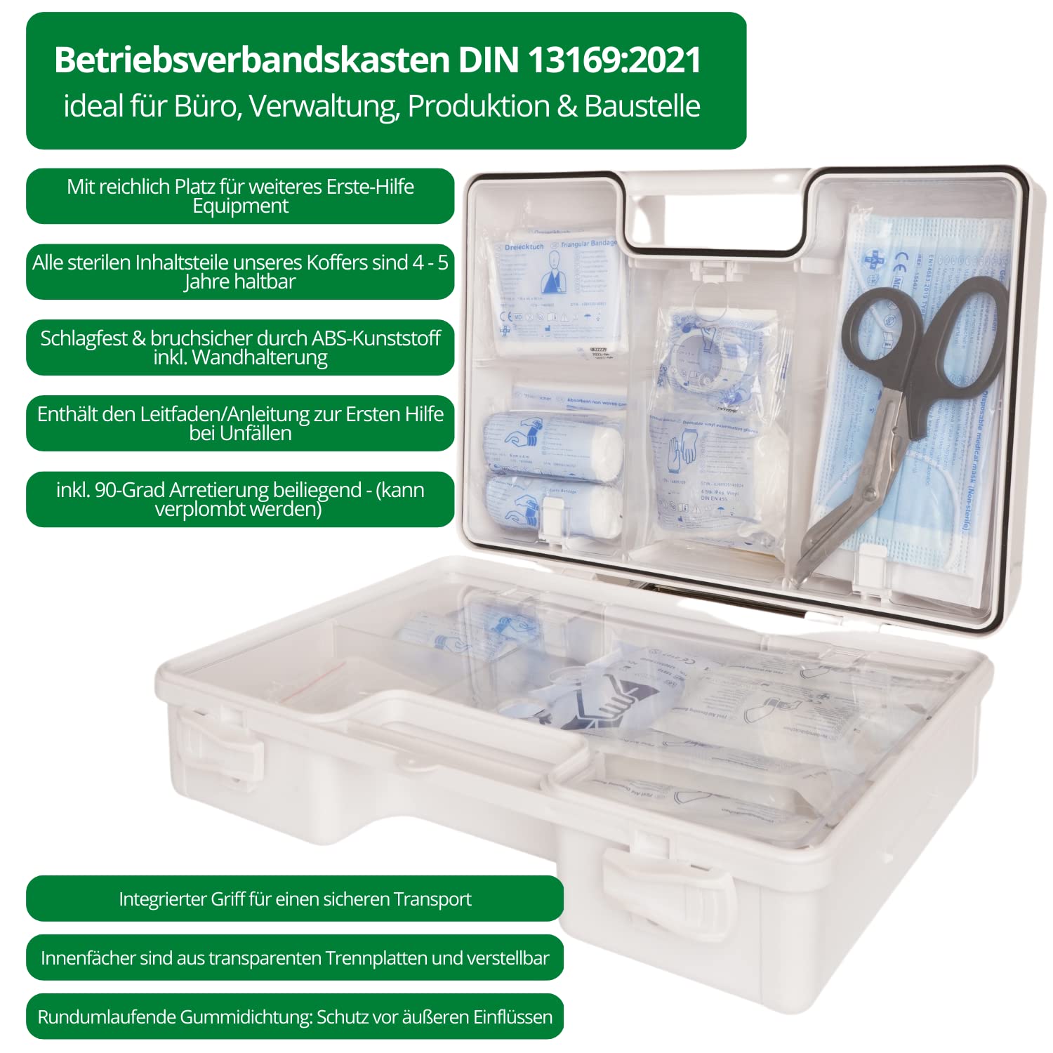 Erste Hilfe Kasten DIN 13169:2021, Erste Hilfe Koffer - LARGE - mit Wandhalterung, Verbands-Kasten gemäß ASR, ABS-Kunststoff - bruchsicher & schlagfest - mit Platz für mehr - Typ L (weiss), HierBeiDir