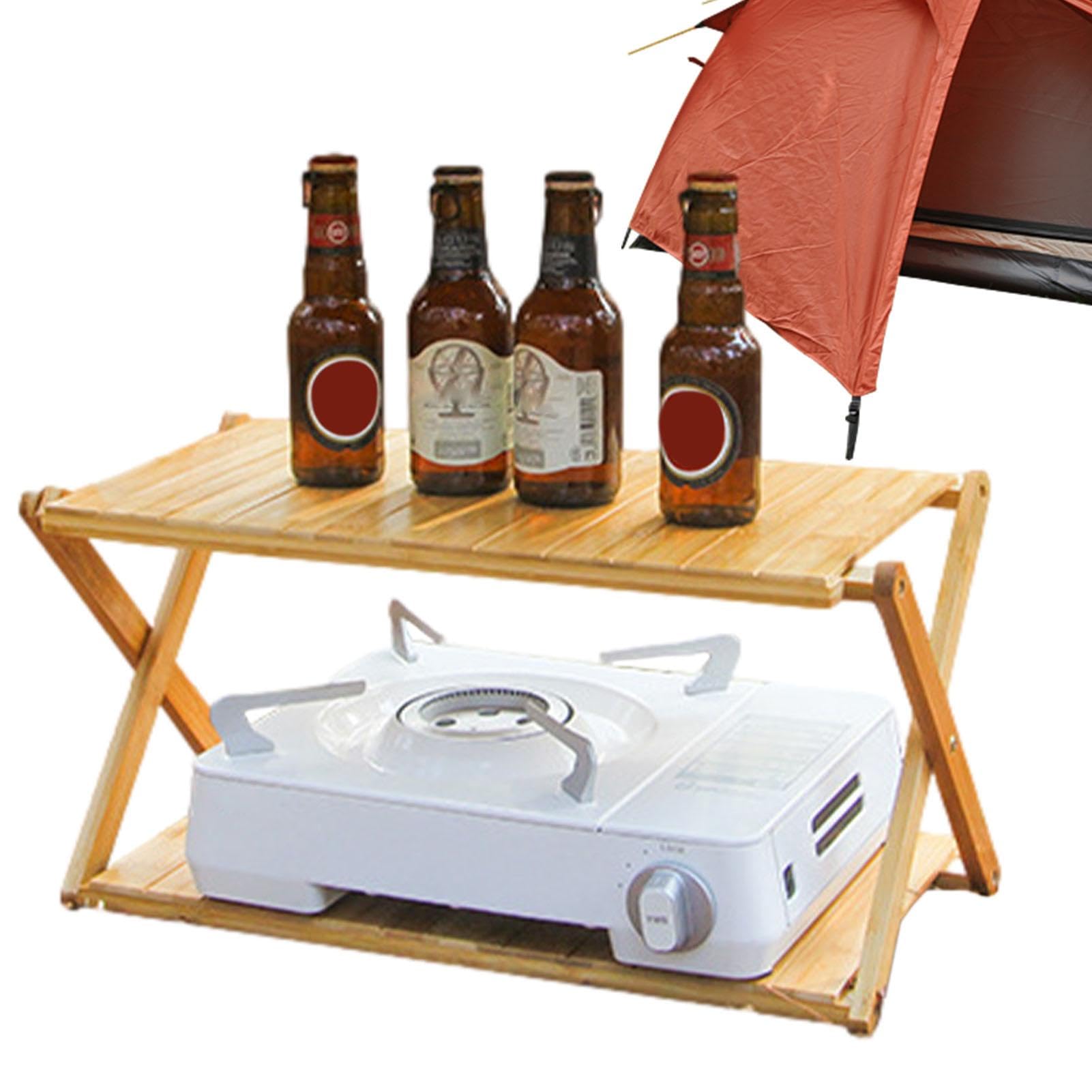 Camping-Klappregal, Camping-Klapplagerregal,2-stufiges Holzregal - Pflanzenregal für den Innenbereich, faltbar, zusammenklappbarer Schuhregal-Organizer, Holzregal