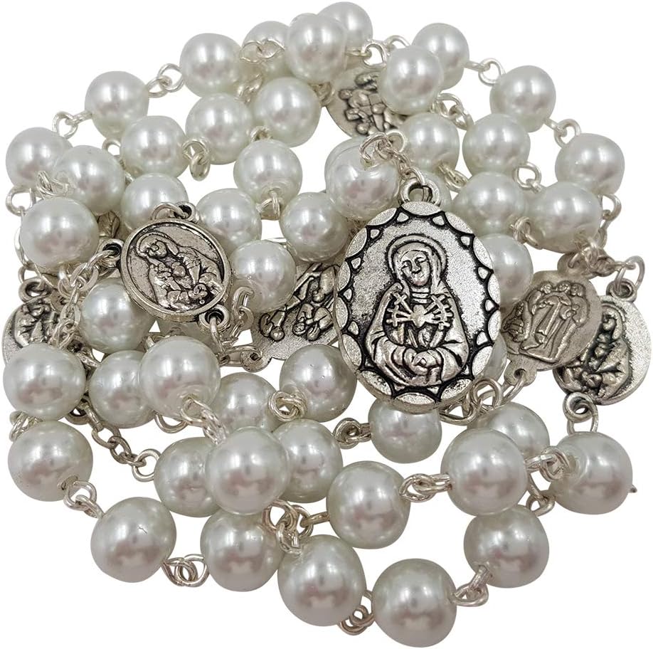 TALISMAN4U Seven Sorrows of Mary Rosary Chaplet White Glass Beads Catholic Jewelry Necklace for Women with Rosary Box