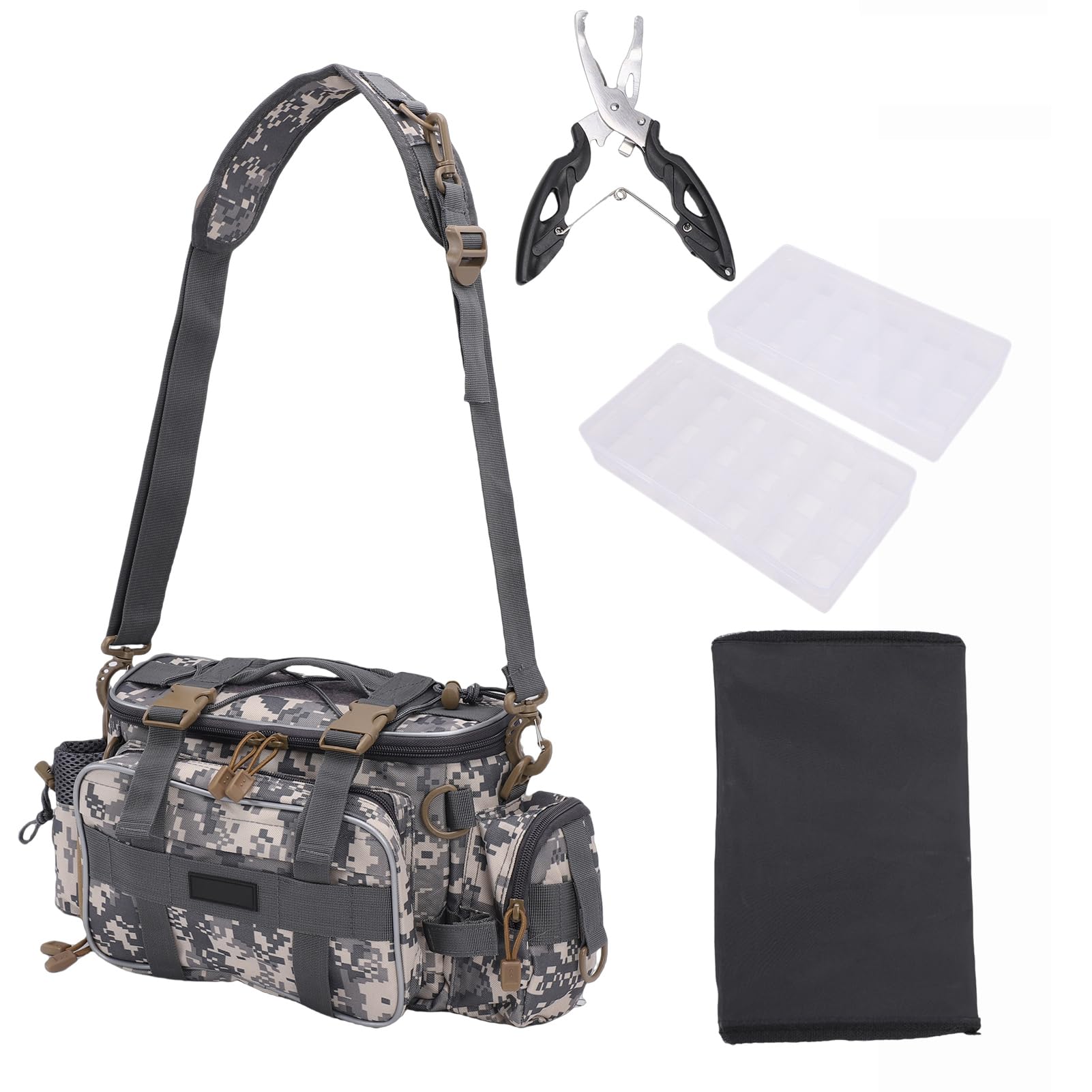 Borsa per attrezzatura da pesca con 2 scatole portaoggetti, borsa a tracolla impermeabile con cinghie regolabili, organizer per 23 vassoi per esche, ganci e accessori per attrezzi da pesca