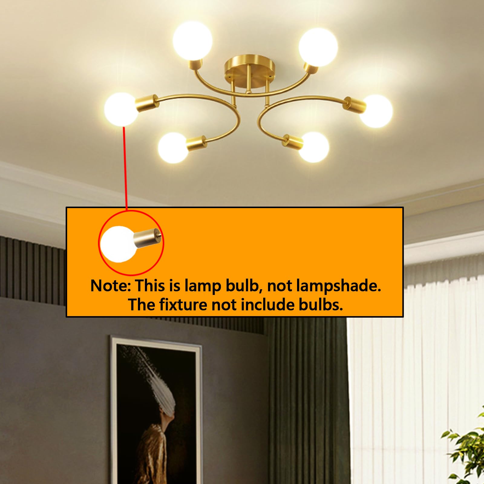 Lámparas de Techo Retro,6 Luces Lámparas de Techo industriales,Plafon Sputnik E27,Lámpara de Araña Dorada para Dormitorio,Sala de Estar,Cocina,Comedor,Ø70CM(Sin Bombilla)