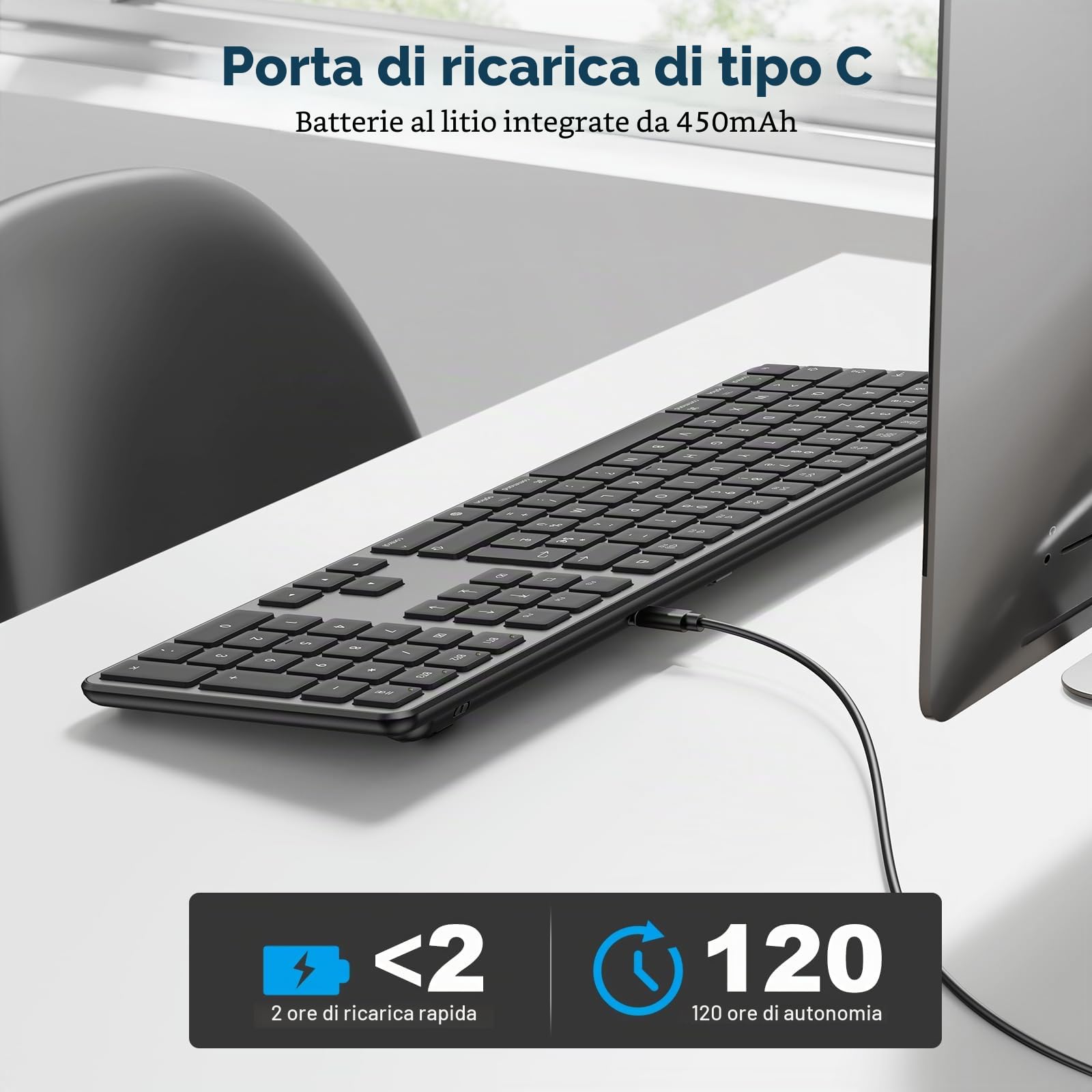 OMOTON Tastiera Bluetooth per Mac AZERTY francese, grigio scuro | Multi-dispositivo a 3 canali, ricaricabile, tasti a forbice per Apple Mac Pro/Mini, MacBook Neo/Air, iMac Pro