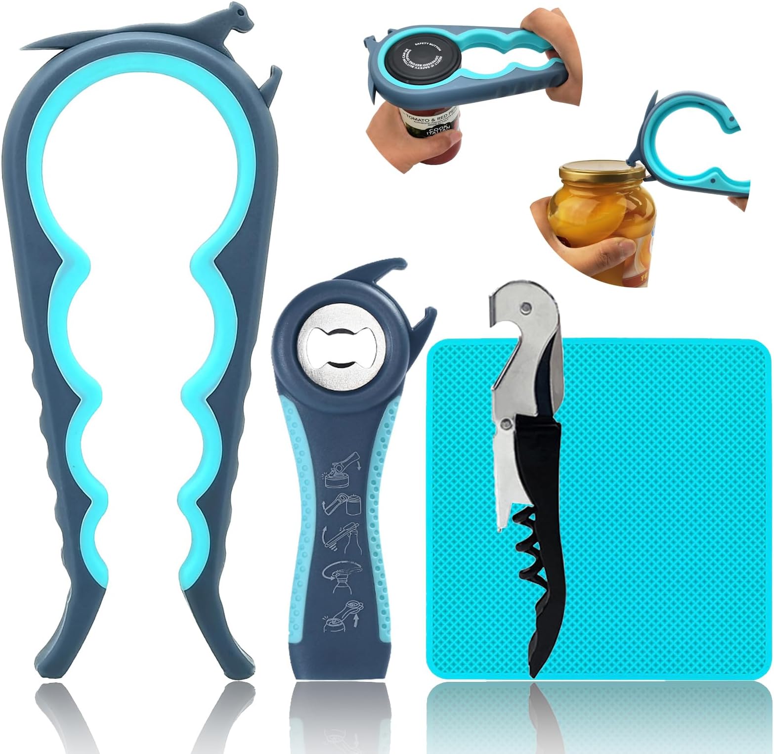 Otstar Jar Opener & Bottle Opener Set for Weak Hands - Multi-Function Kitchen Opener Tool for Seniors with Arthritis, Elderly - Includes Jar Lid Gripper Pad, Corkscrew Opener