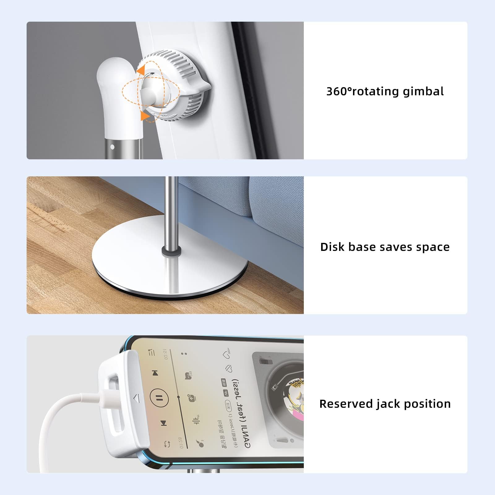 Tablet Floor Stand, Height Adjustable (16.5-66.1 inch), 360 gradi rotante, alluminio lega Cradle Mount Dock for 4.7"-12.9" Screen iPhone Samsung, iPad, Kindle, eBook Reader (bianco)