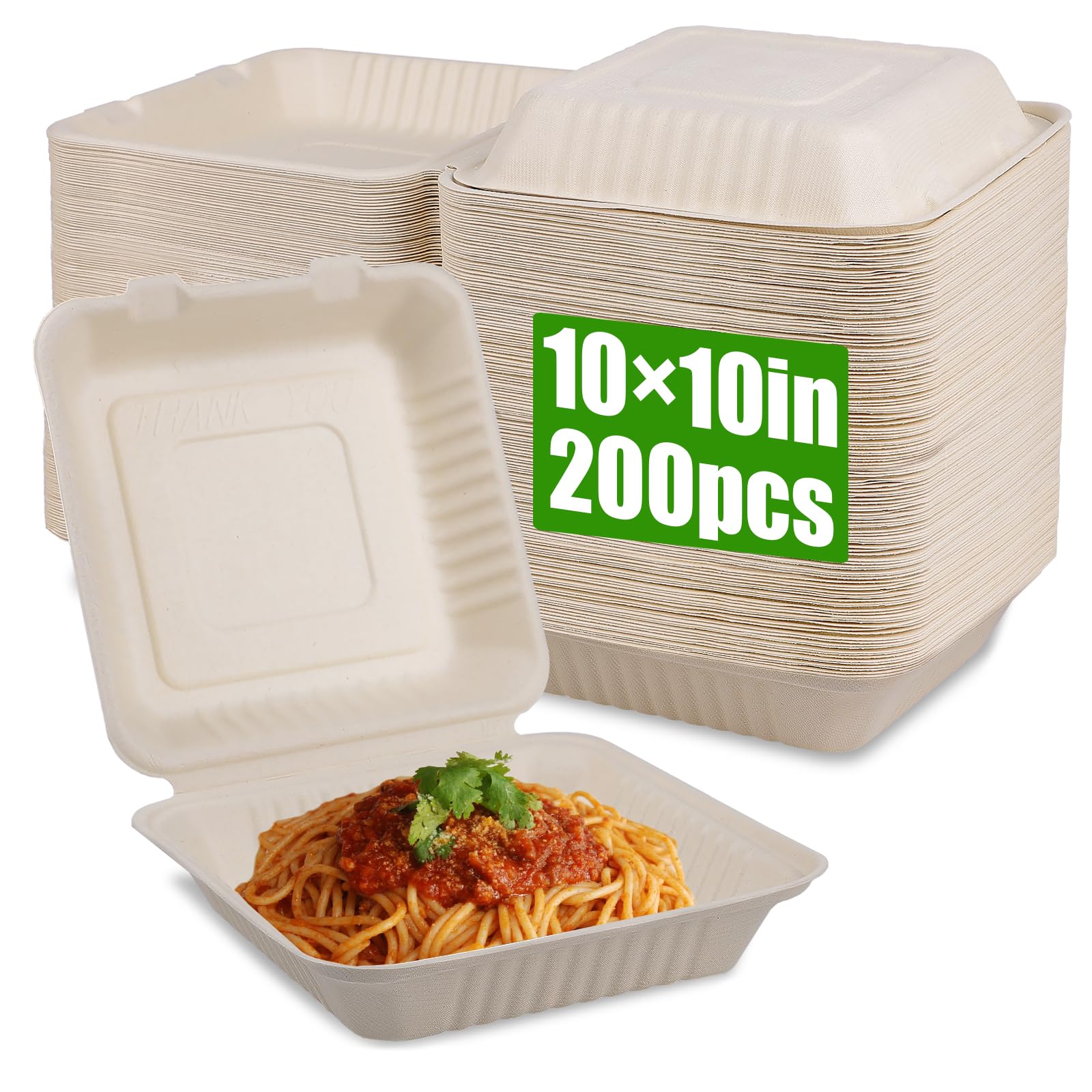 Compostable Clamshell To Go Food Containers with lids 10"x10"x3", 200 Pack Disposable Take Out Food Containers, Heavy-Duty To Go Boxes Eco-Friendly Biodegradable Made of Sugar Cane Fibers