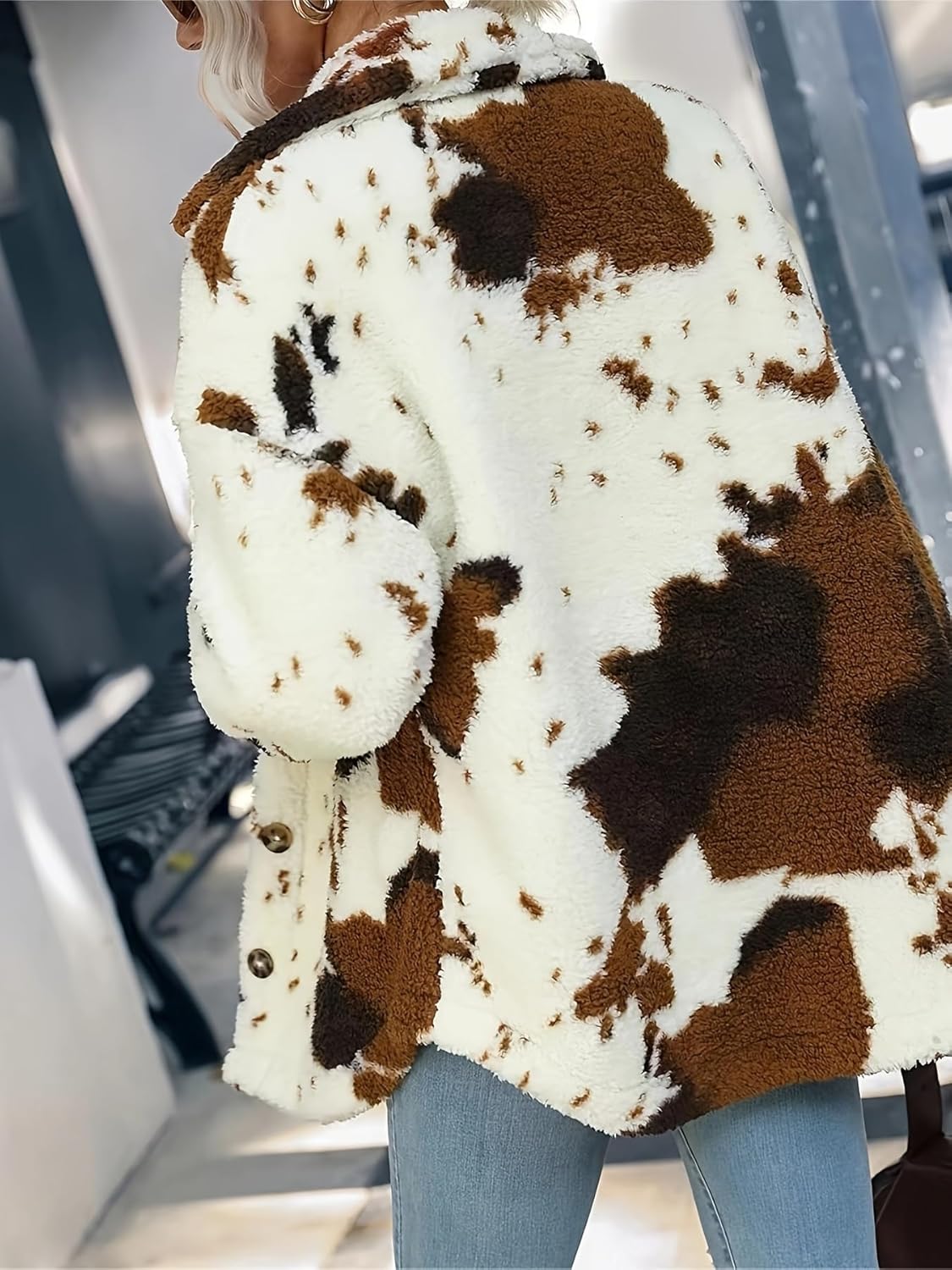 HBER Women's Casual Faux Fur Jacket Trendy Long Sleeve Button Up Cow Print Autumn Winter Loose Sherpa Fur Coats with Pockets - Image 2