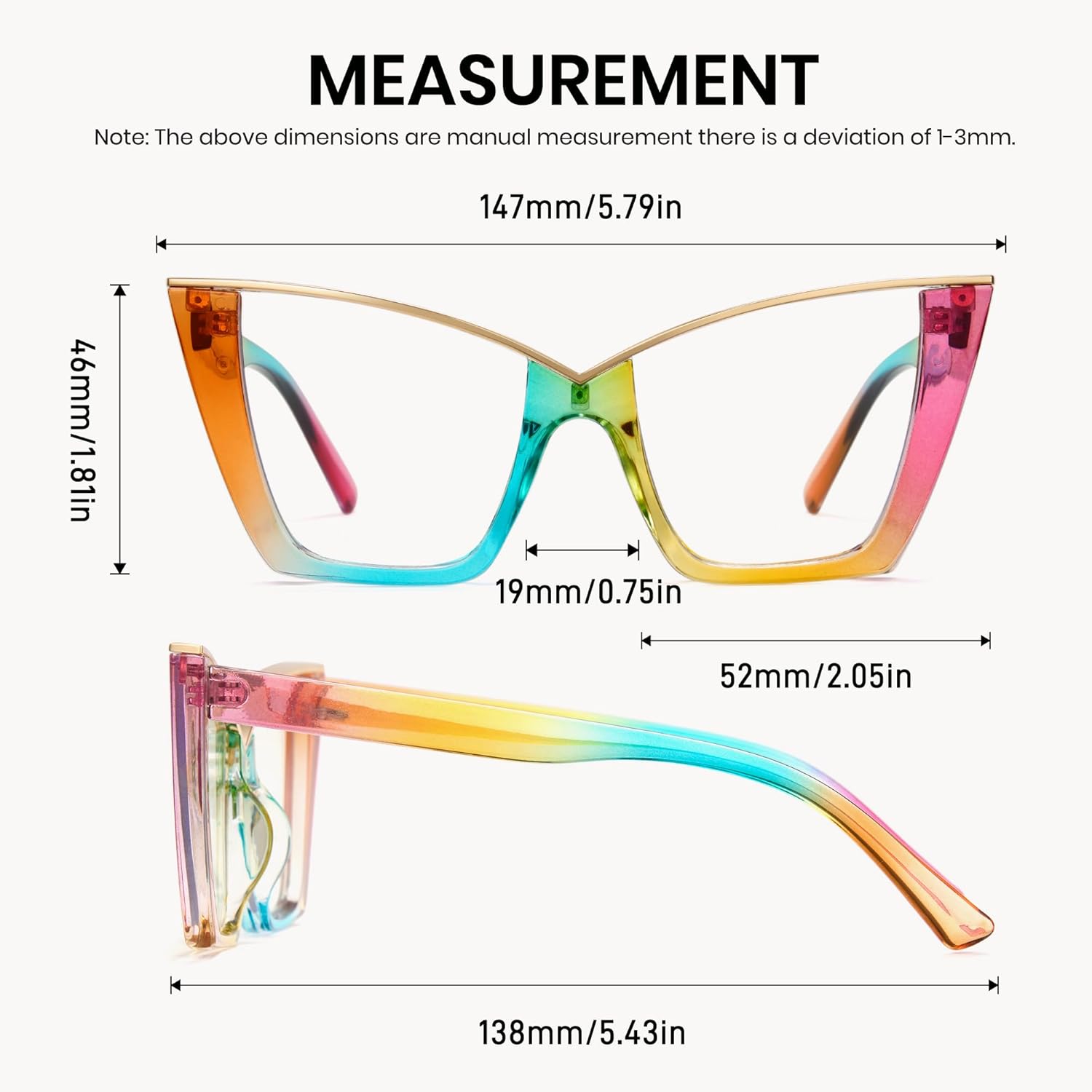 Cyxus 2 Pack Oversized Cat Eye Blue Light Glasses for Woman Reduce Strain UV Protection Stylish Fake Glasses（Black+Rainbow）