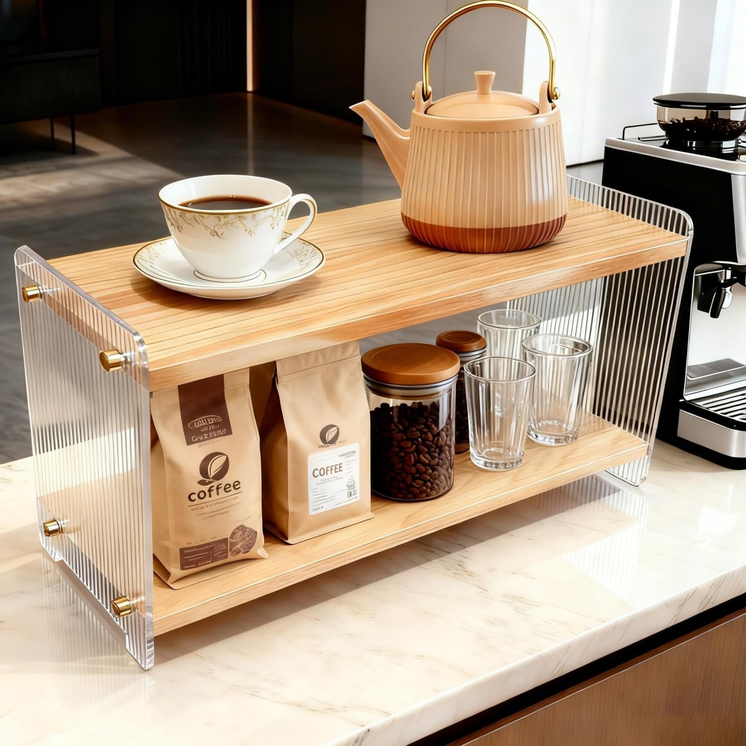 Photo 1 of ReeGii Coffee Station Organizer 2 Tier, Solid Wood Mug Shelffor Coffee Bar,Matcha Station,Tea Storage - Holds Mugs,Beans,Syrup,Cups,Tirrers (Solid Pine Wood Color, 15.4" L x 5.7" W x 8.2" H)
