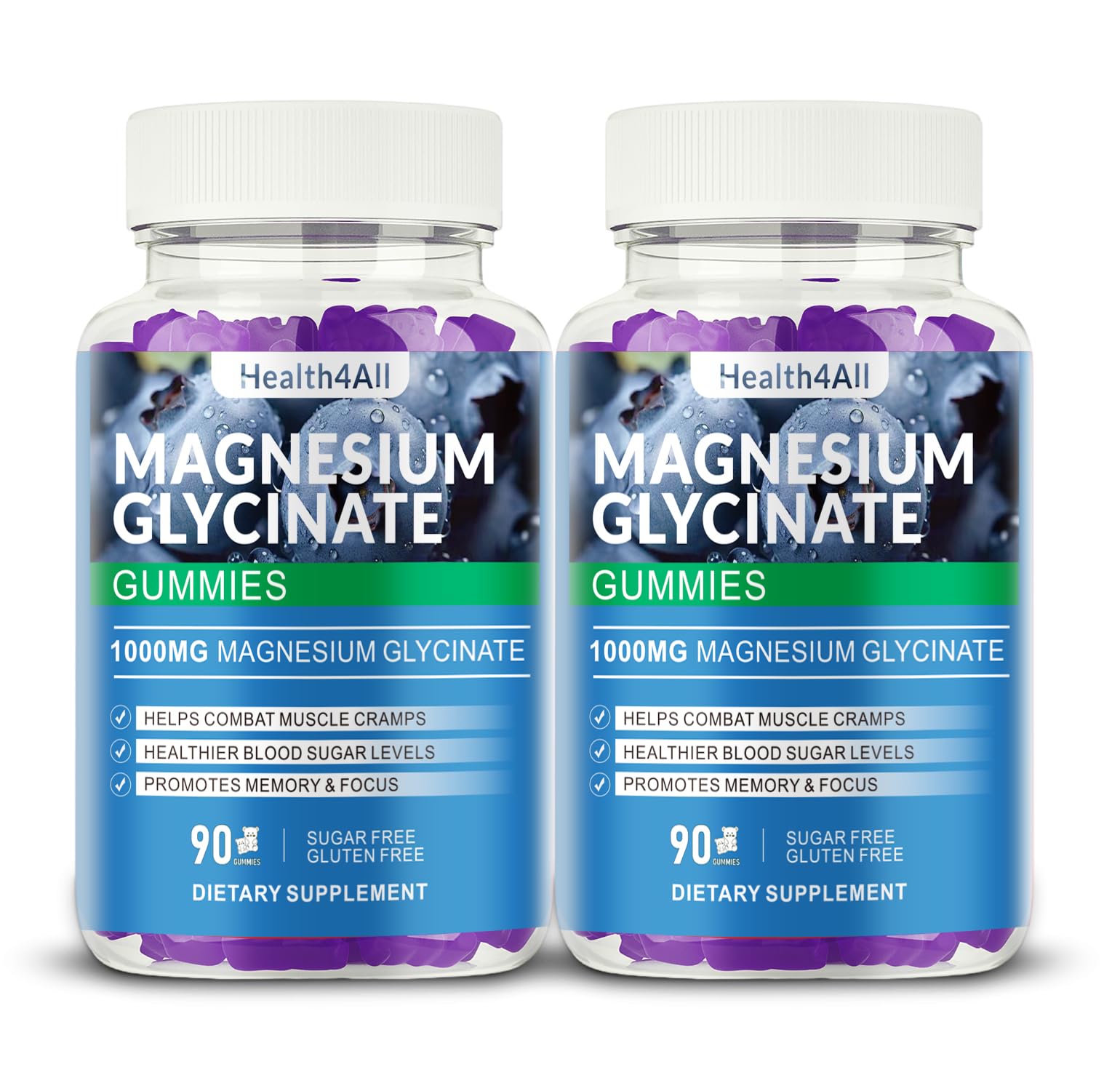 Magnesium Glycinate Gummies 1000mg, High Absorption Sugar Free Magnesium Potassium Supplement for Relaxation, Stress Relief, and Sleep Support for Adults & Kids - 180 Blueberry Gummies Blueberry 180 Count (Pack of 1)