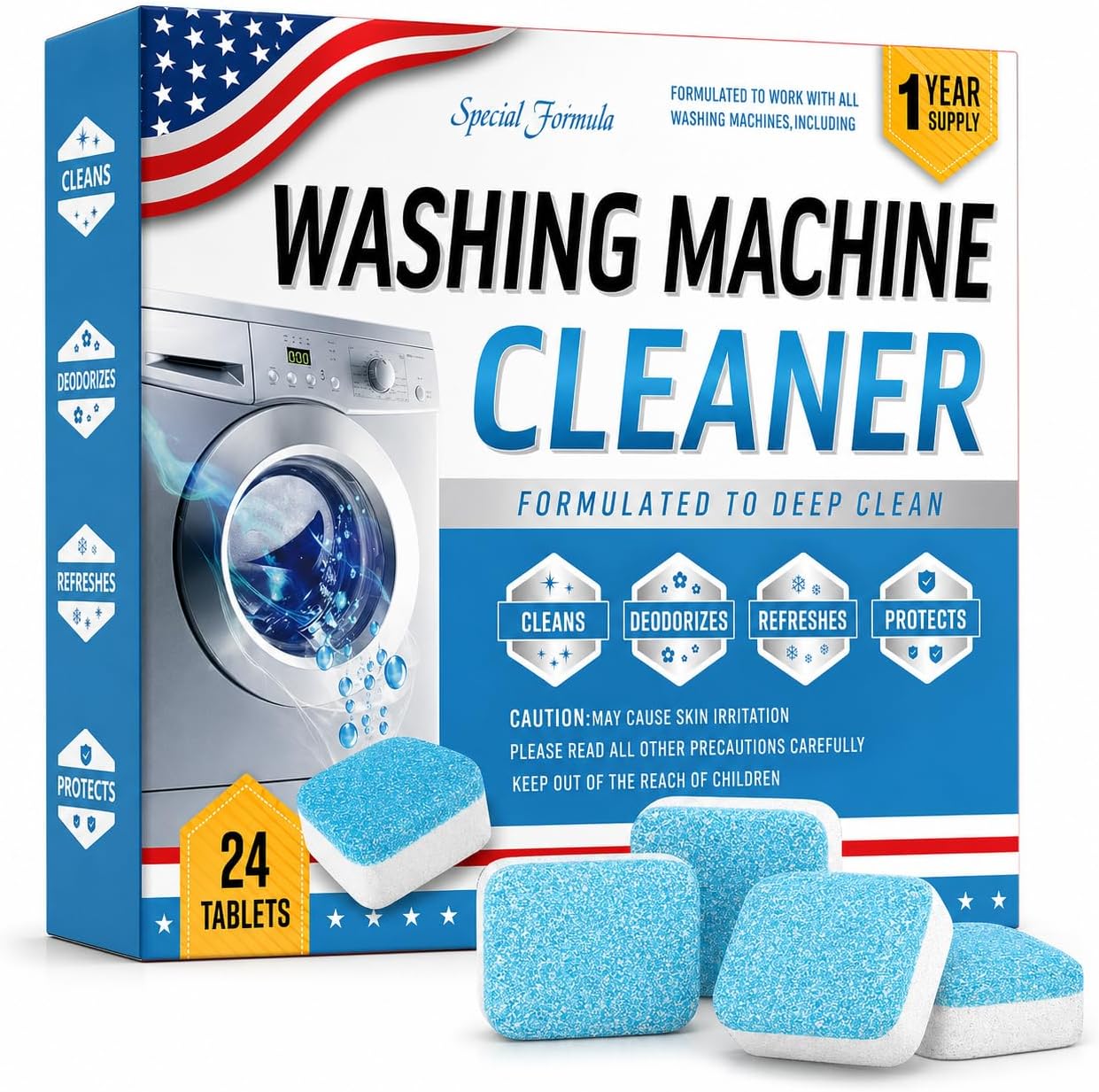 Washing Machine Cleaner Tablets, 24 Pack Enzyme Cleaner for Smell Washer