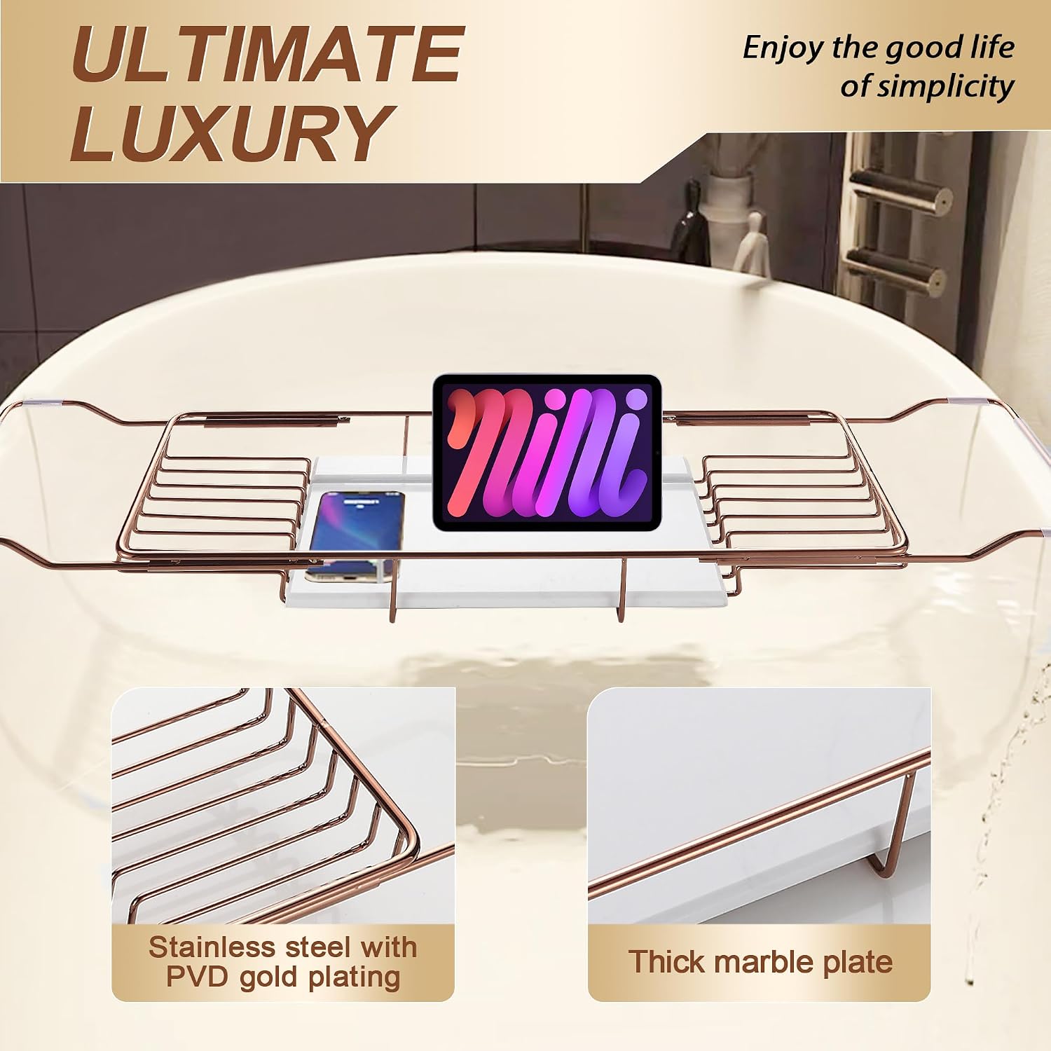BVL Bathtub Tray Stainless Steel with Marble Base Rose Gold Bathtub Tray with White Marble Base Adjustable & Rustproof Bath Caddy for Spa, Relaxation, Bath Bombs
